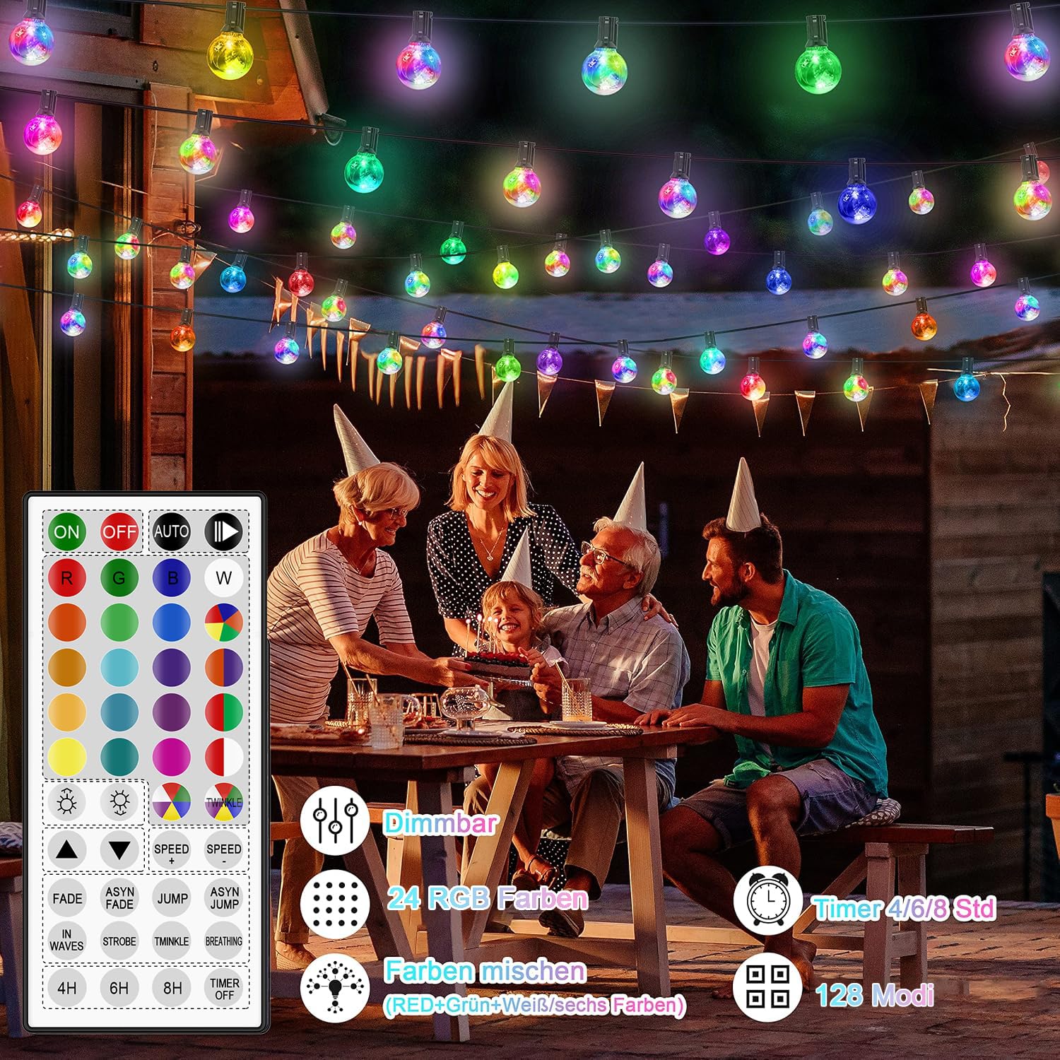 StarryEver LED Lichterkette Außen Bunt, Erweiterbar 30+2 Glühbirnen Lichterkette Außen Strom, 24 Farben 9M G40 Outdoor Lichterkette mit Fernbedienung Timer für Garten Balkon Terrasse Hof Party Deko