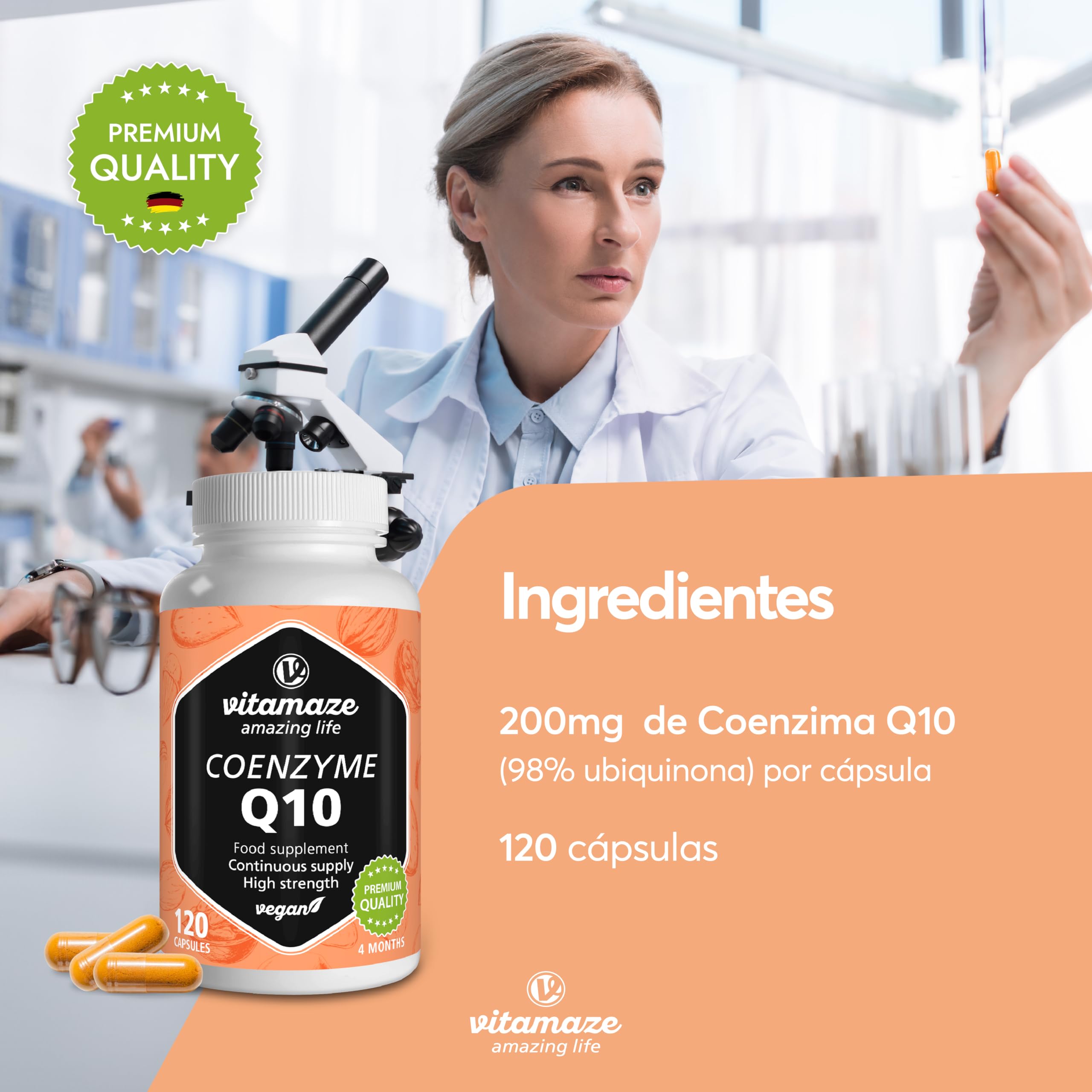 Coenzima Q10 200mg 120 Cápsulas Veganas para 4 Meses, Contiene Ubiquinona, Coq10 Naturales Antioxidantes de la Mejor Biodisponibilidad, Calidad Alemana, sin Aditivos Innecesarios - Vitamaze®