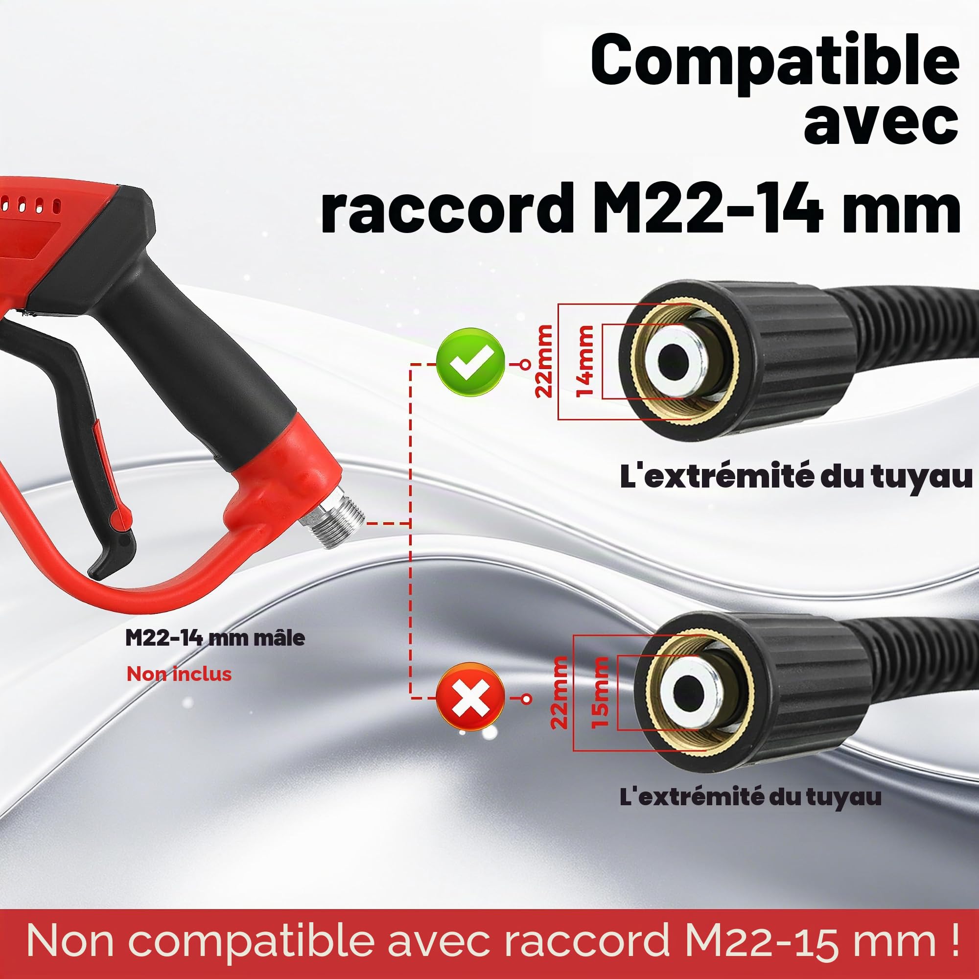 Tool Daily Tuyau de Rechange pour Nettoyeur Haute Pression 15,2 m x 1/4" (6.35 mm), 250 bar, Raccords M22 14 mm, Flexible de Remplacement Compatible avec la Plupart des Marques