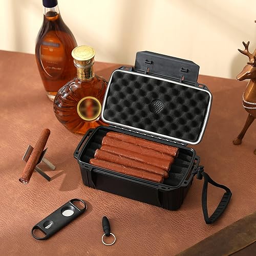 Miniatura 6 de Caja de humidor de cigarros de viaje con accesorios, cedro español, humidificador, cortador y soporte, capacidad para 10 – 15 puros, impermeable, a