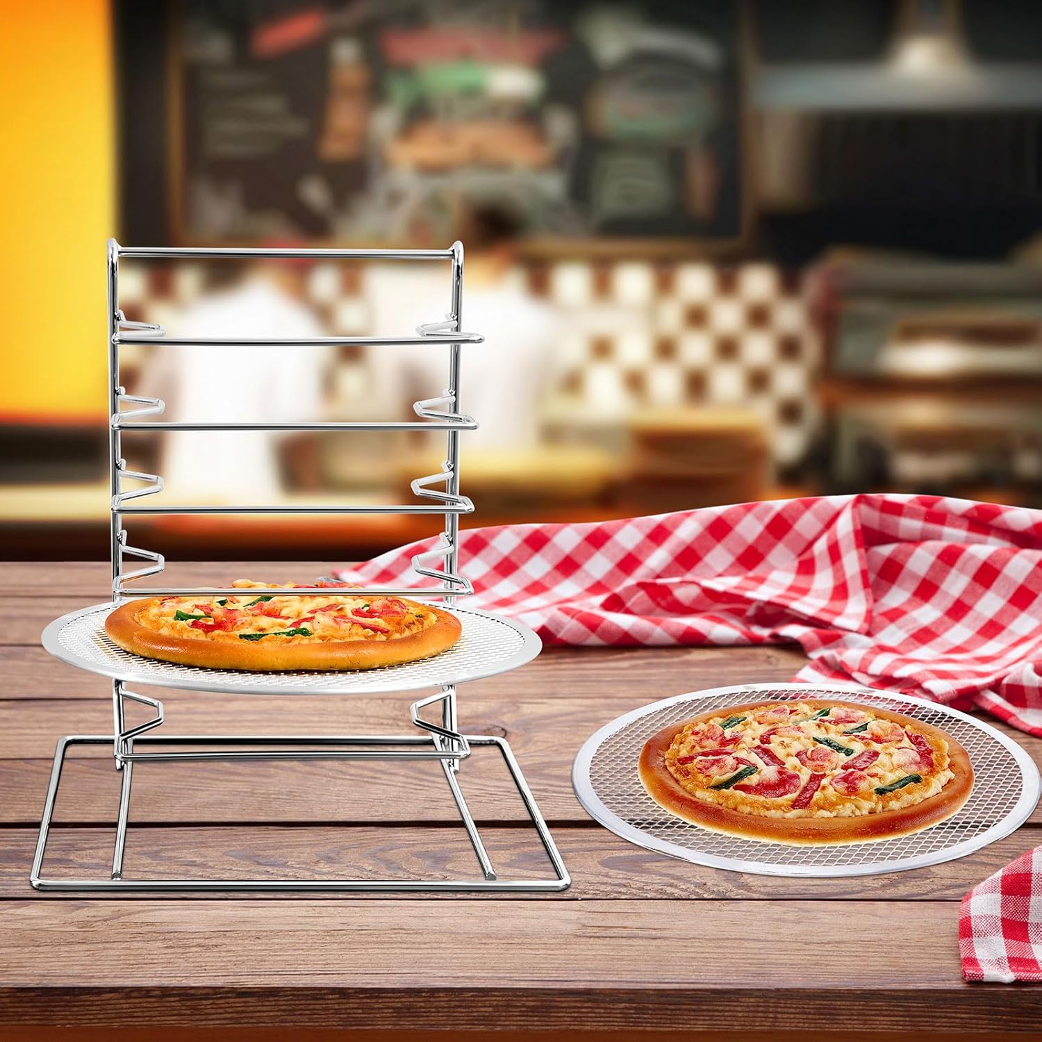 Zhehao Pizza Rack 6 Tiered Stand 13.4'' H x 12'' L x 12'' W and 6 Pcs 12'' Pans with Holes, Aluminum Baking Set for Easy Storage and Baking Multiple Pizzas