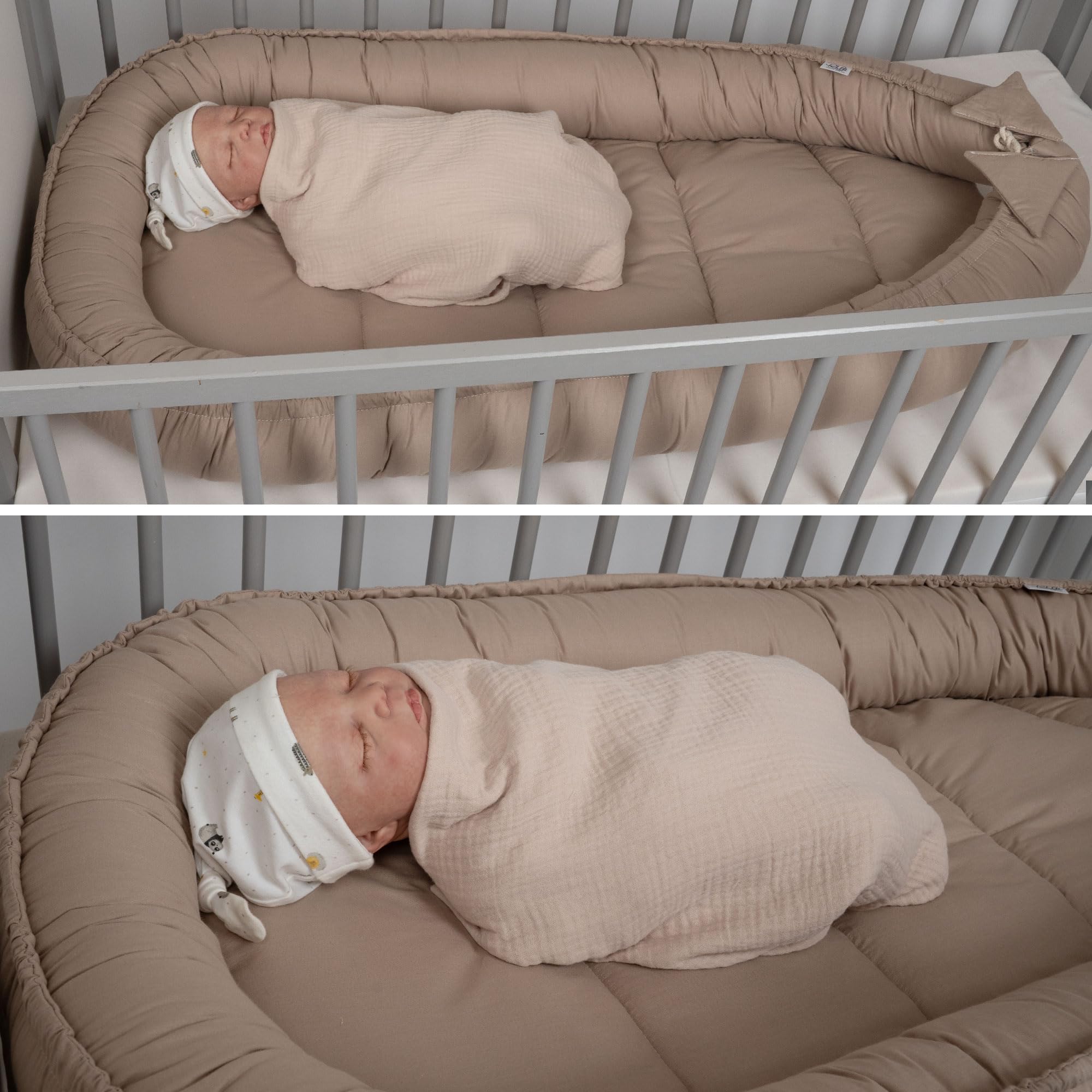 PaLulli 120x60 cm Babynest Babynestchen XXL Babykokon 2seitig 100% Baumwolle Kissen Nestchen für Babybett Reisebett für Baby und Säugling Feathers (Braun)