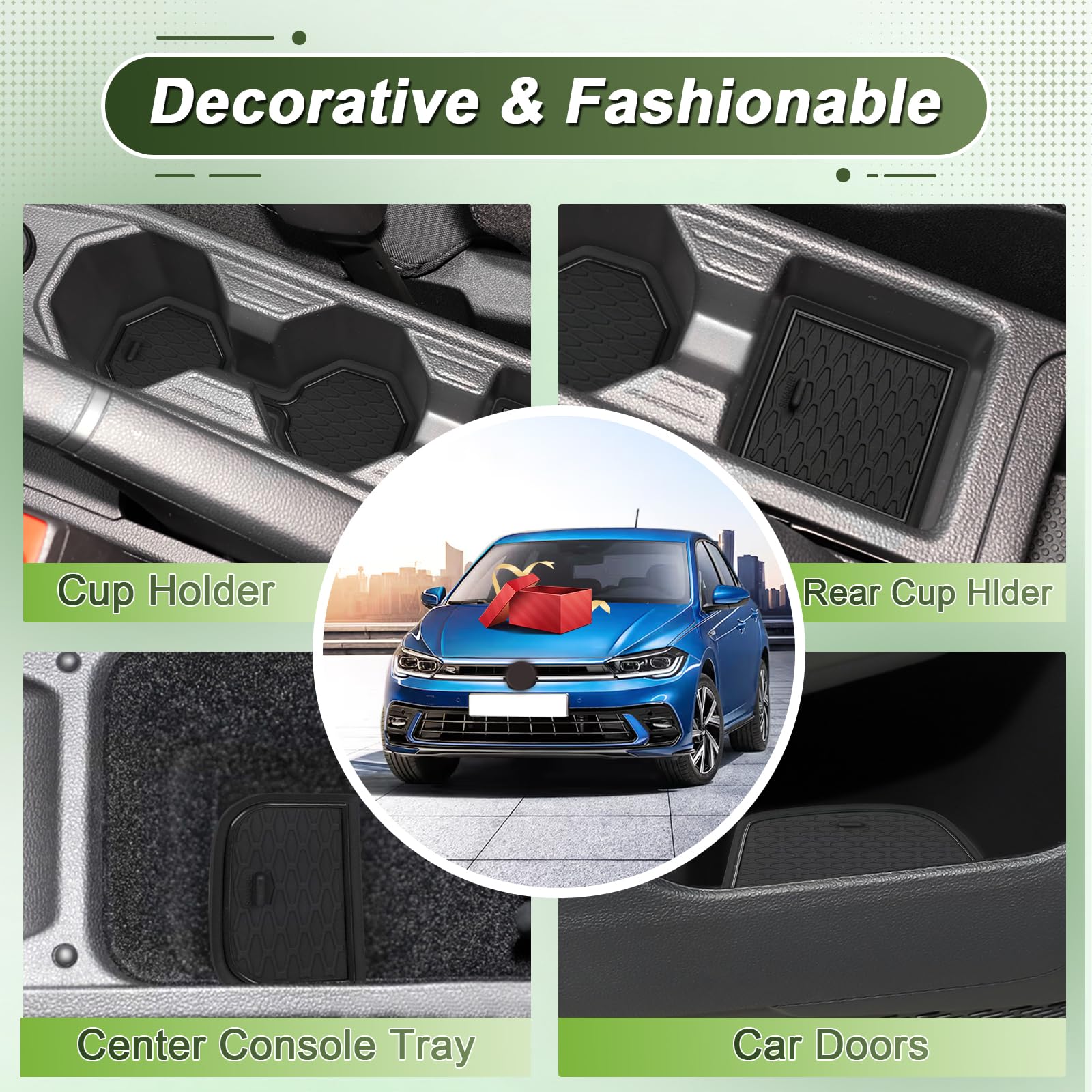 Compatibile con VW Polo MK6 2017-2025 Tappetini Antiscivolo per VW Polo Life Style R-Line Tappetini in Gomma per Console Centrale, Porta Bicchieri, Scanalatura Porta (Nero)