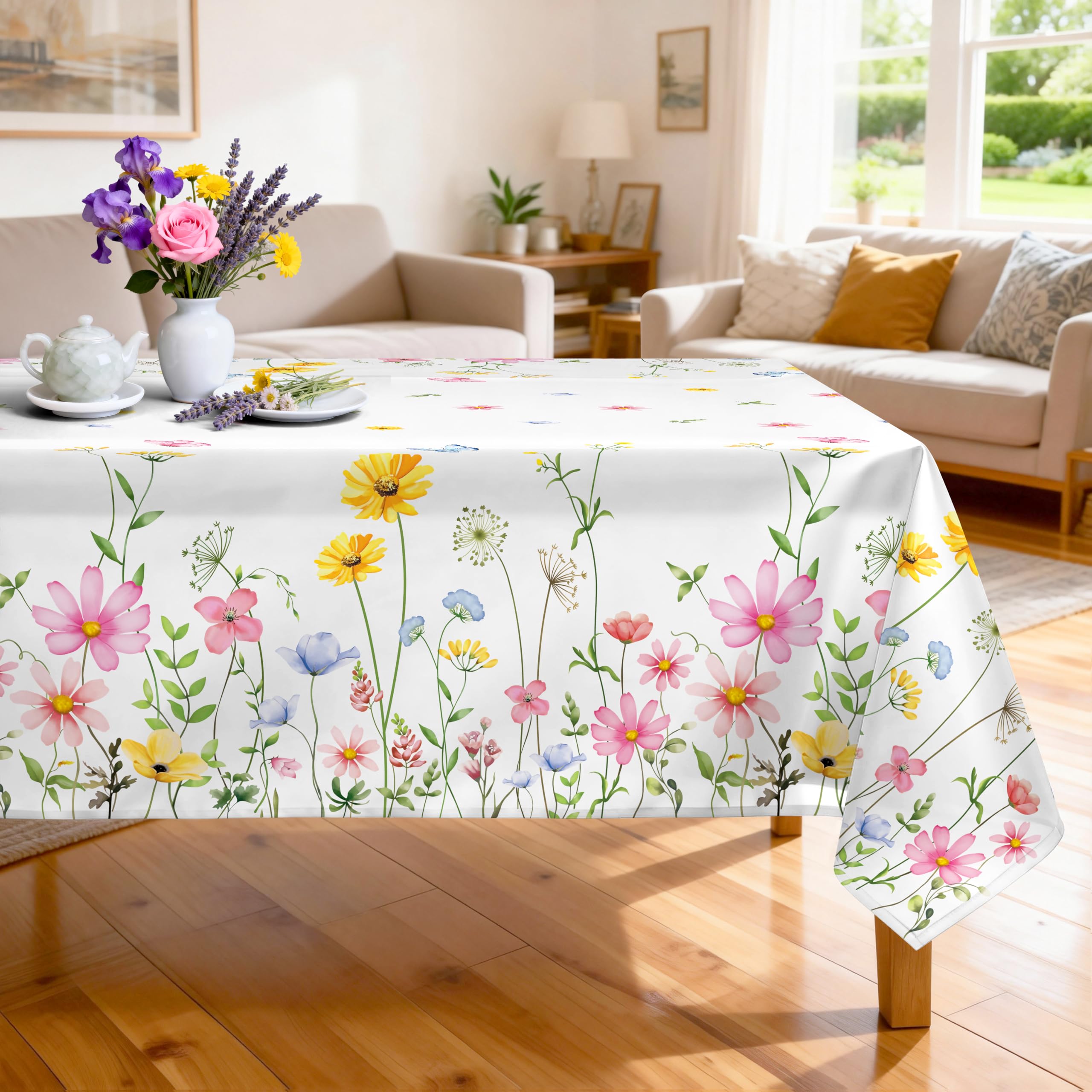 Arquiel Wildflower Floral Tablecloth Waterproof, Spring Summer Flowers Table Cloth Rectangle Stain Resistant, Washable Table Cover for Home Kitchen