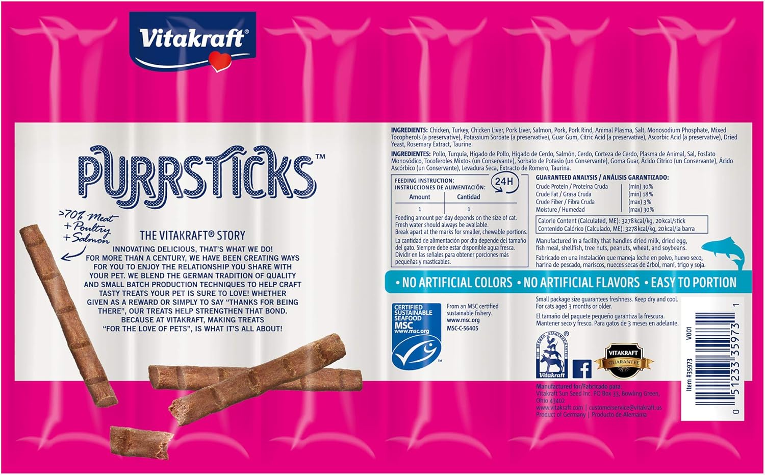 Vitakraft PurrSticks Meaty Cat Sticks - Chicken with Salmon - Segmented and Breakable Meatstick - Deliciously Tender - Multi Pack of 4