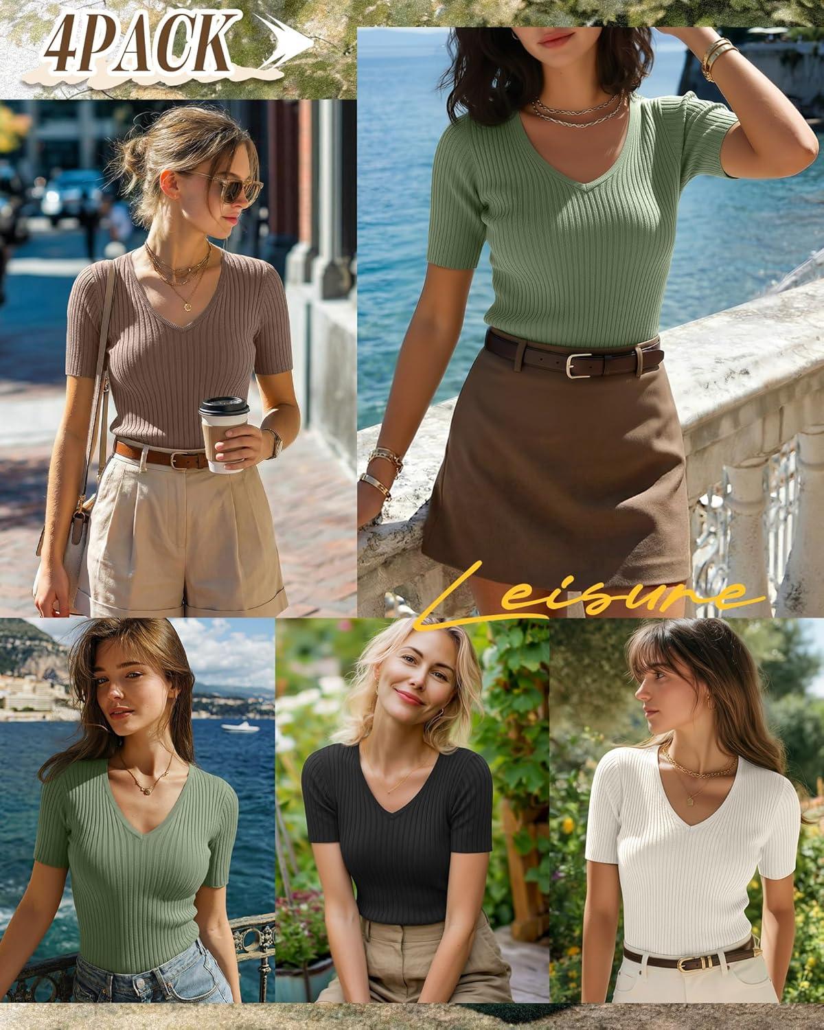 Neer 4 Pack Women's V Neck T-Shirts Cotton Short Sleeve Ribbed Slim Fit Tops Casual Summer Basic Tee Multipack