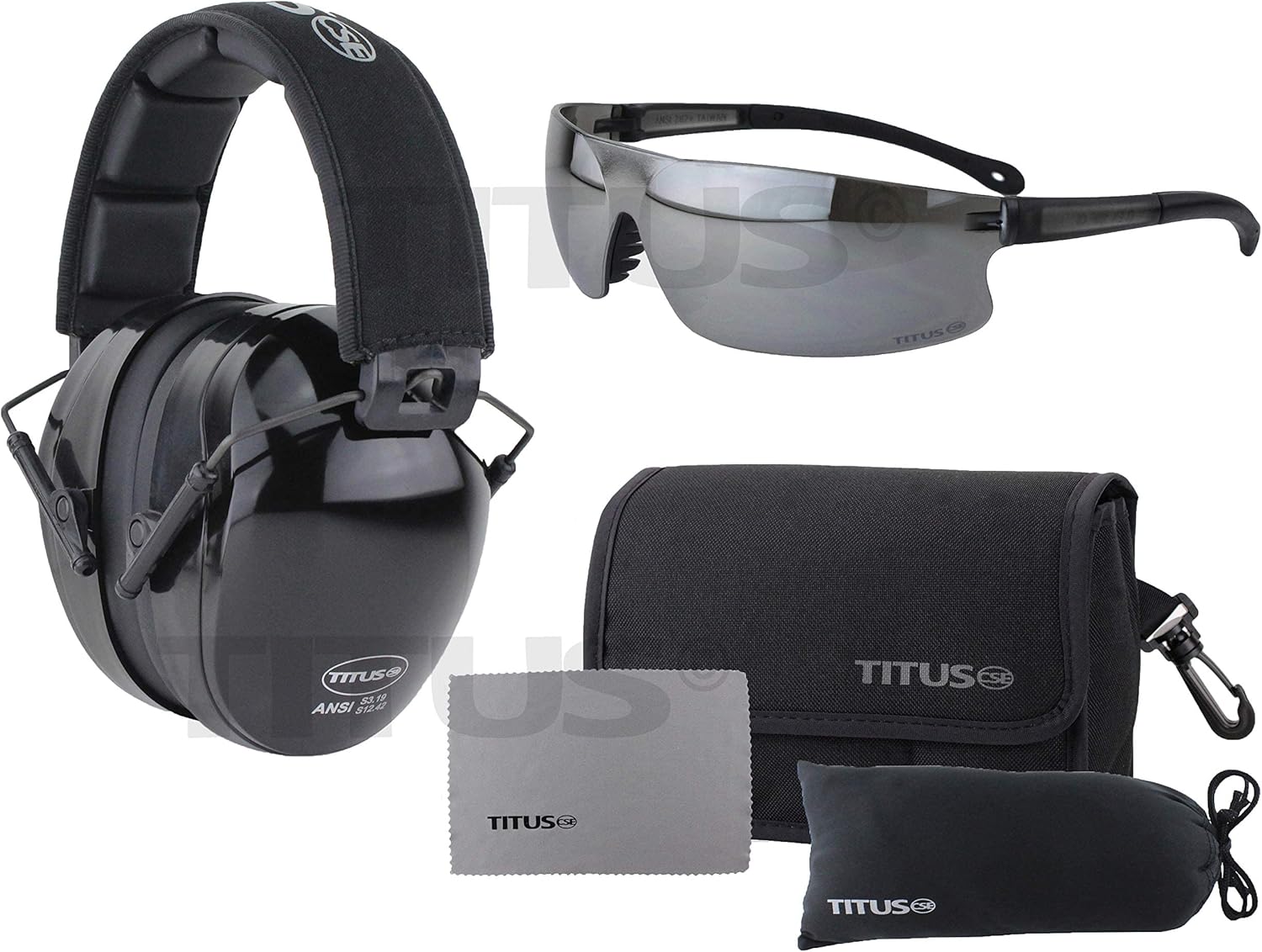 TITUS Triple Black B4 32 NRR Noise Reduction Hearing Protection Ear Muffs & Sport Safety Glasses Range Combos