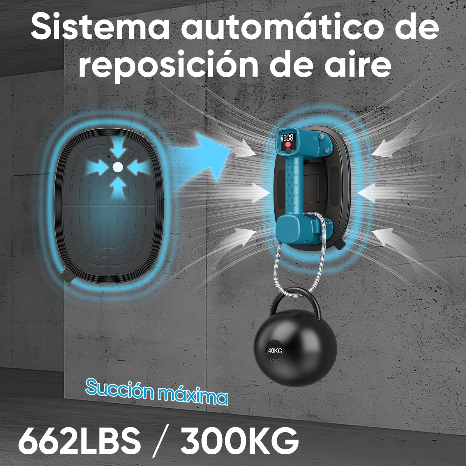 Ventosas Eléctricas para Azulejos, Carga MáX. 300 KG, Pantalla LCD, Batería de 4000 mAh, Función de Aspiración Automática, Doble Motor, 10" Ventosa para Cristal, Madera, Mármol y Cargas Pesadas