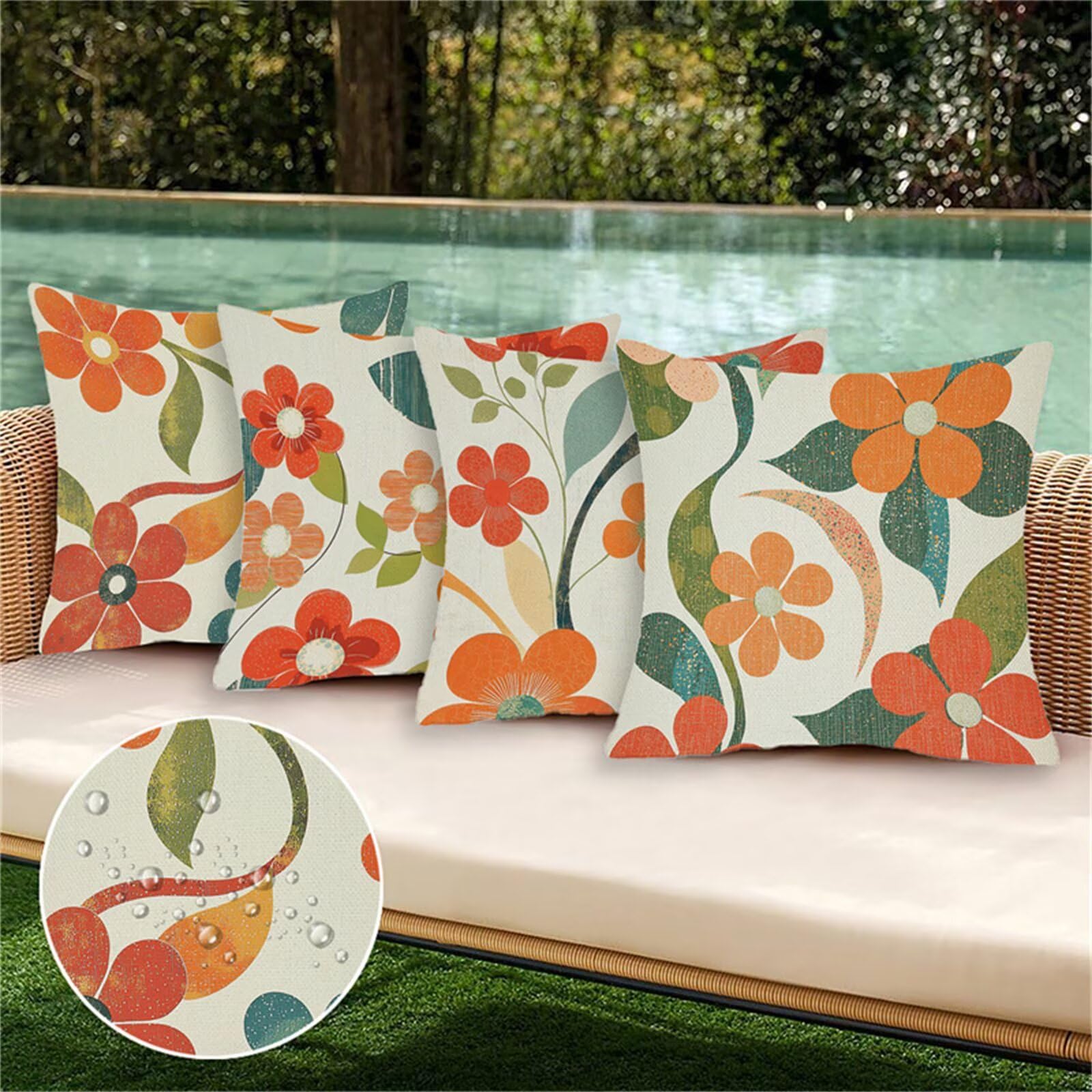Outdoor Kissenbezug Beige 55x55 cm Outdoor Kissenbezug Wasserdicht Dekokissenbezug Blume 4er Set Leinen Zierkissenbezüge Kissenhülle Sofakissenbezüge für Garten, Schlafzimmer, Sofa, Stuhl, Bett, D-2