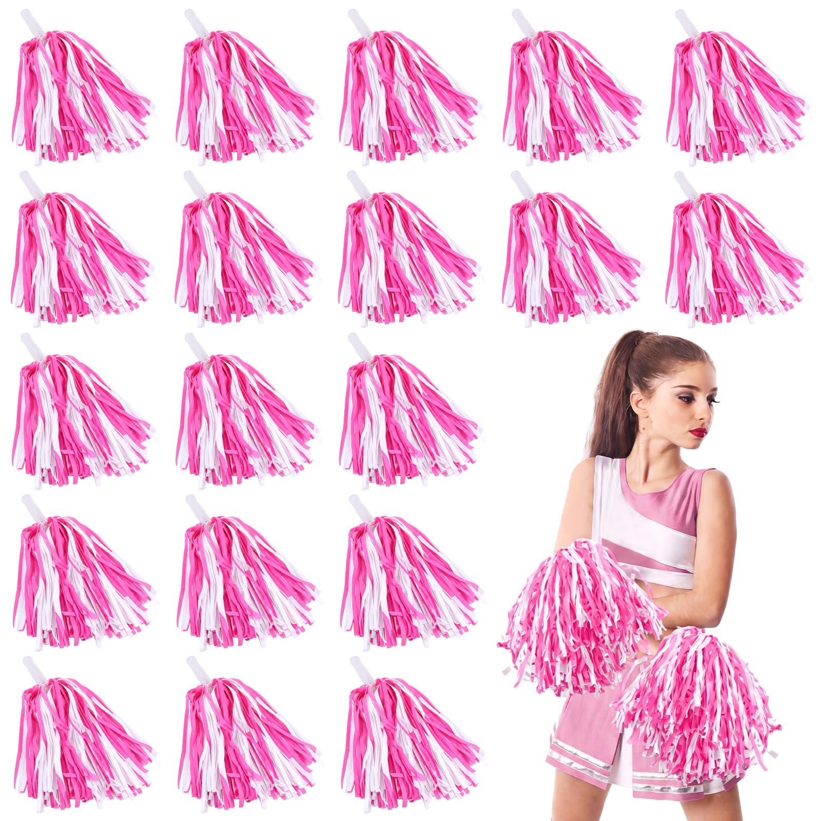 Yunsailing 100Pack Pom Poms Cheerleading with Baton Handle, Pink and White