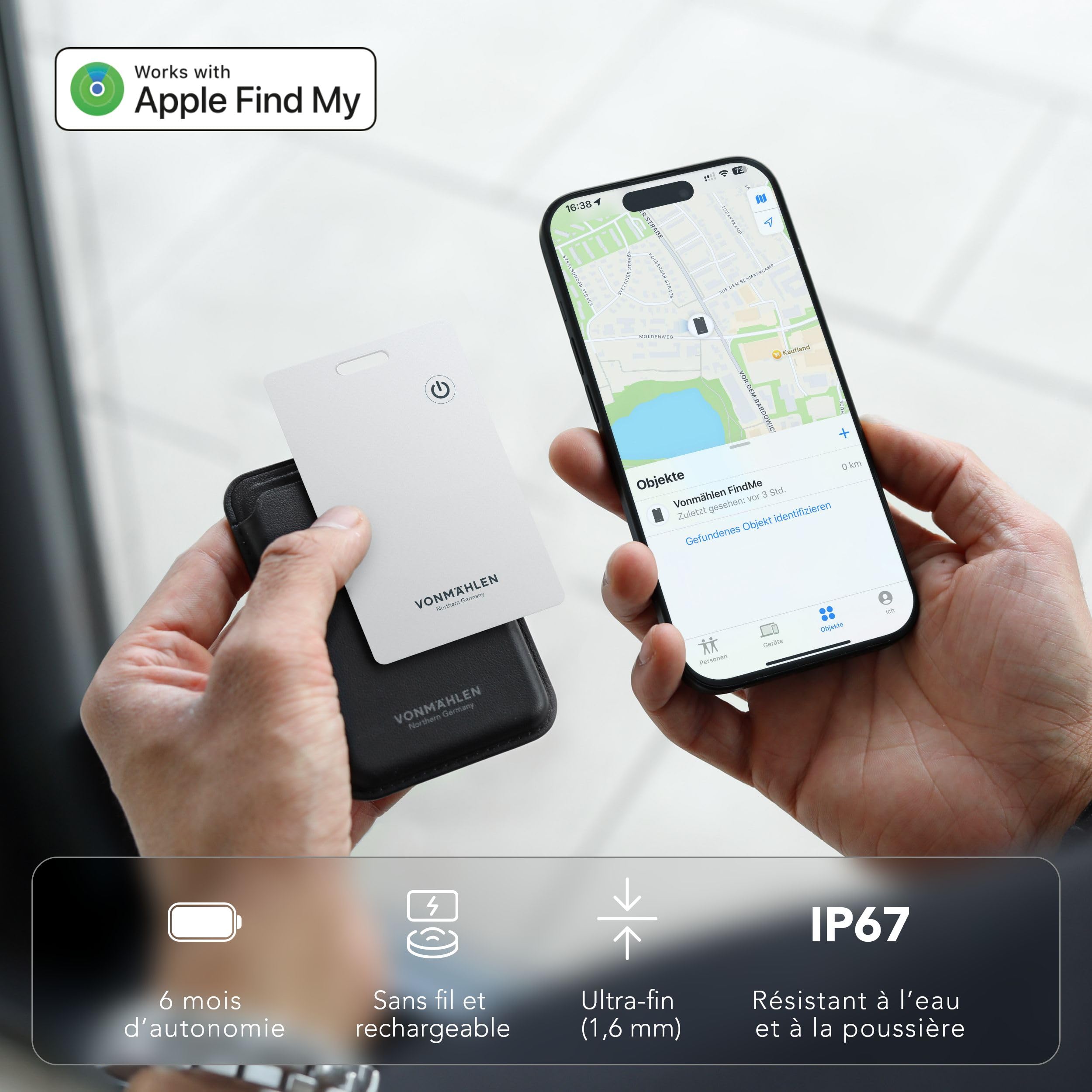 Vonmählen FindMe - Localisateur Bluetooth Ultra-Fin, Compatible avec Le réseau FindMy Apple, Recharge sans Fil, résistant à l'eau IP67 - Blanc