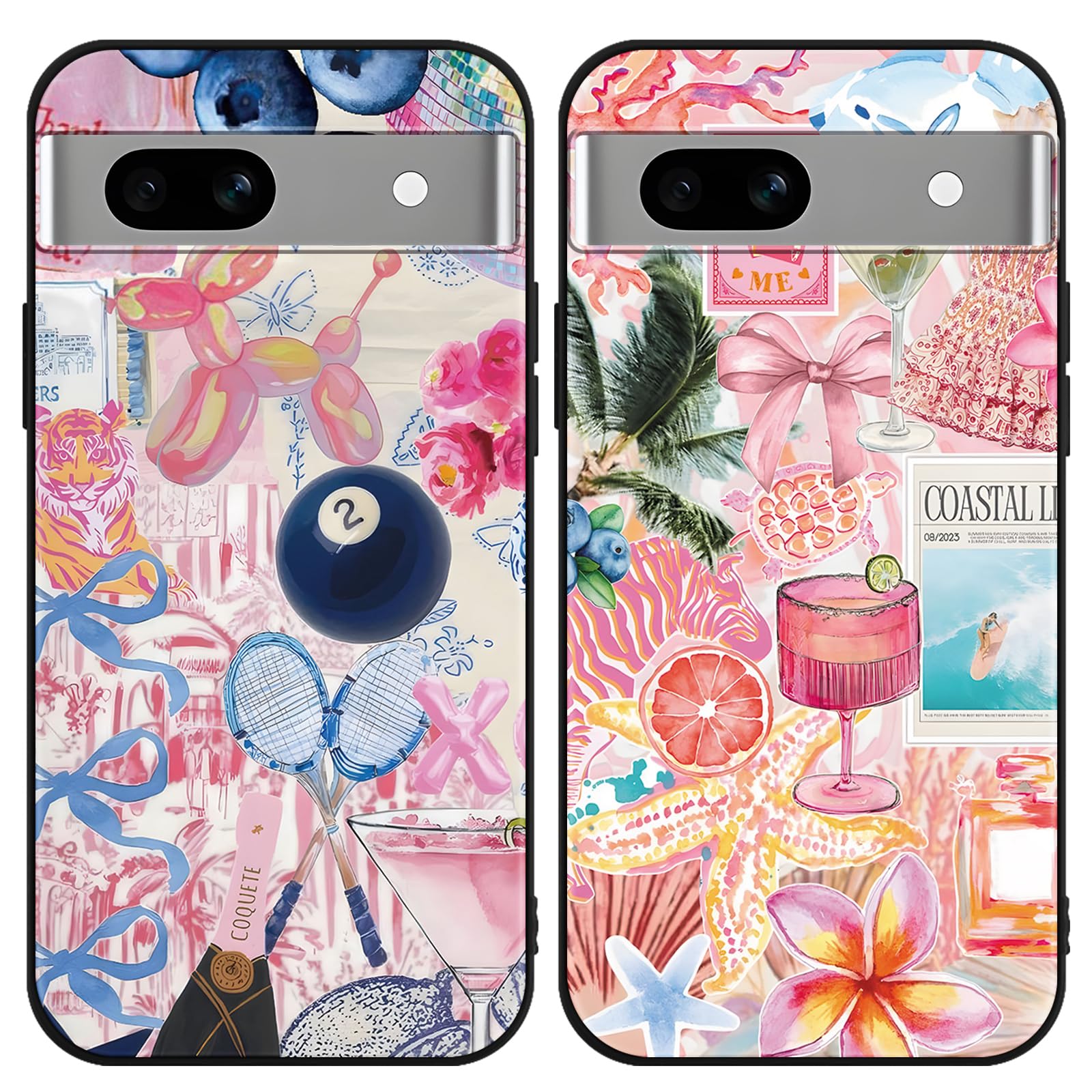 Zrutru 2 Pack Cartoon Collage Phone Case for Google Pixel 7A 5G 6.1",Cute Kawaii Bow Floral Beach Ocean Pattern Cases Aesthetic Design,Bumper Protective Cover for Girls Women