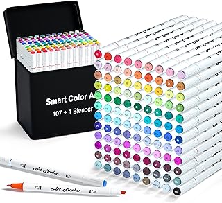 108 Pack Art Markers, 107 Coloring Markers and 1 Blender, Alcohol Based Dual Tip Permanent Markers Highlighters with Case, Excellent for Adults Kids Marking Drawing Sketching by Smart Color Art
