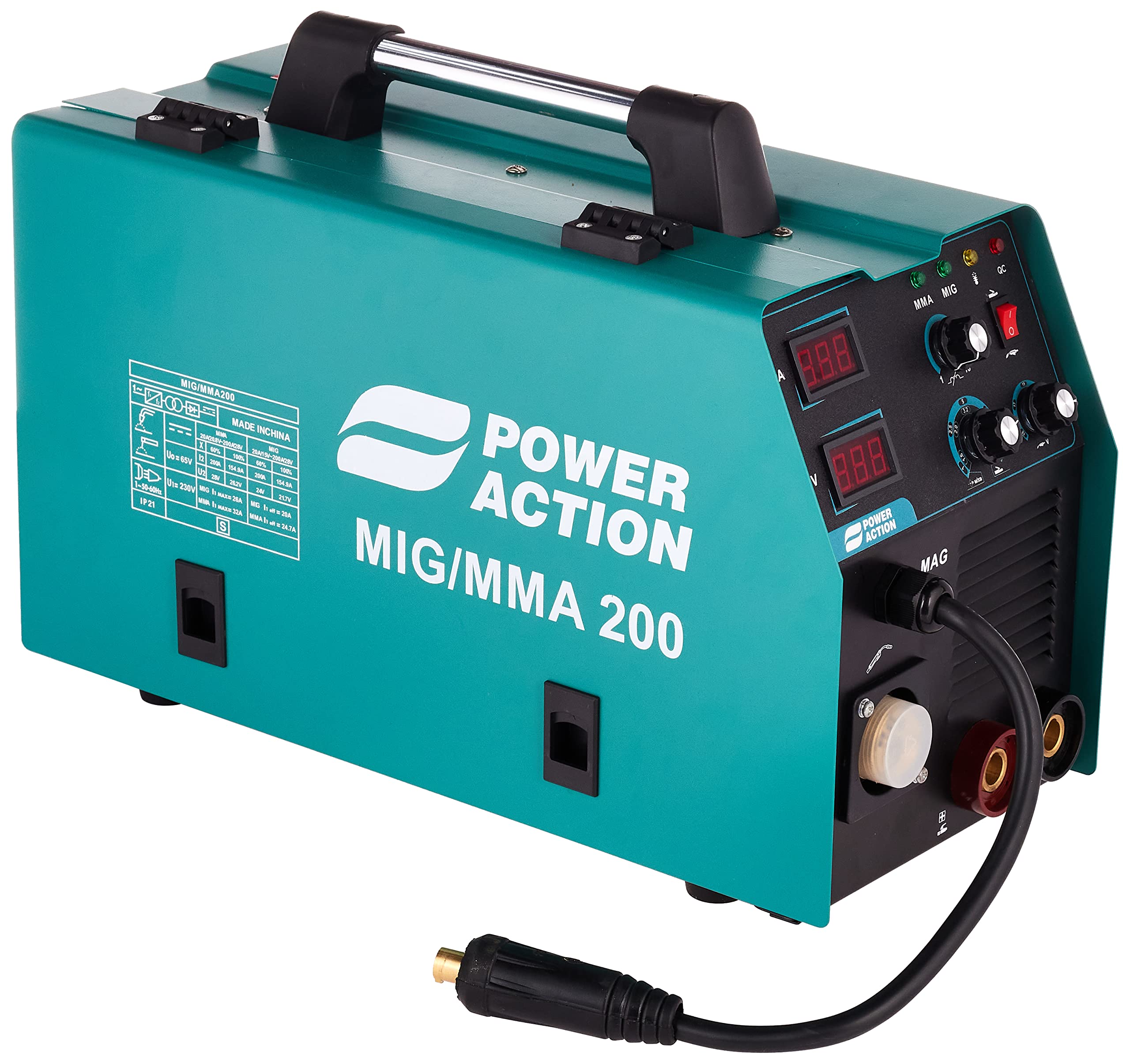 Sulfur Sulfar Power Action IGBT Welding Machine MIG/MMA200 Voltage 160-240V-50Hz No Load 65V, Current Range 20-200A Max Input Current: MMA: 27A MIG: 25A With Two LCD Display (MIG200, Green)