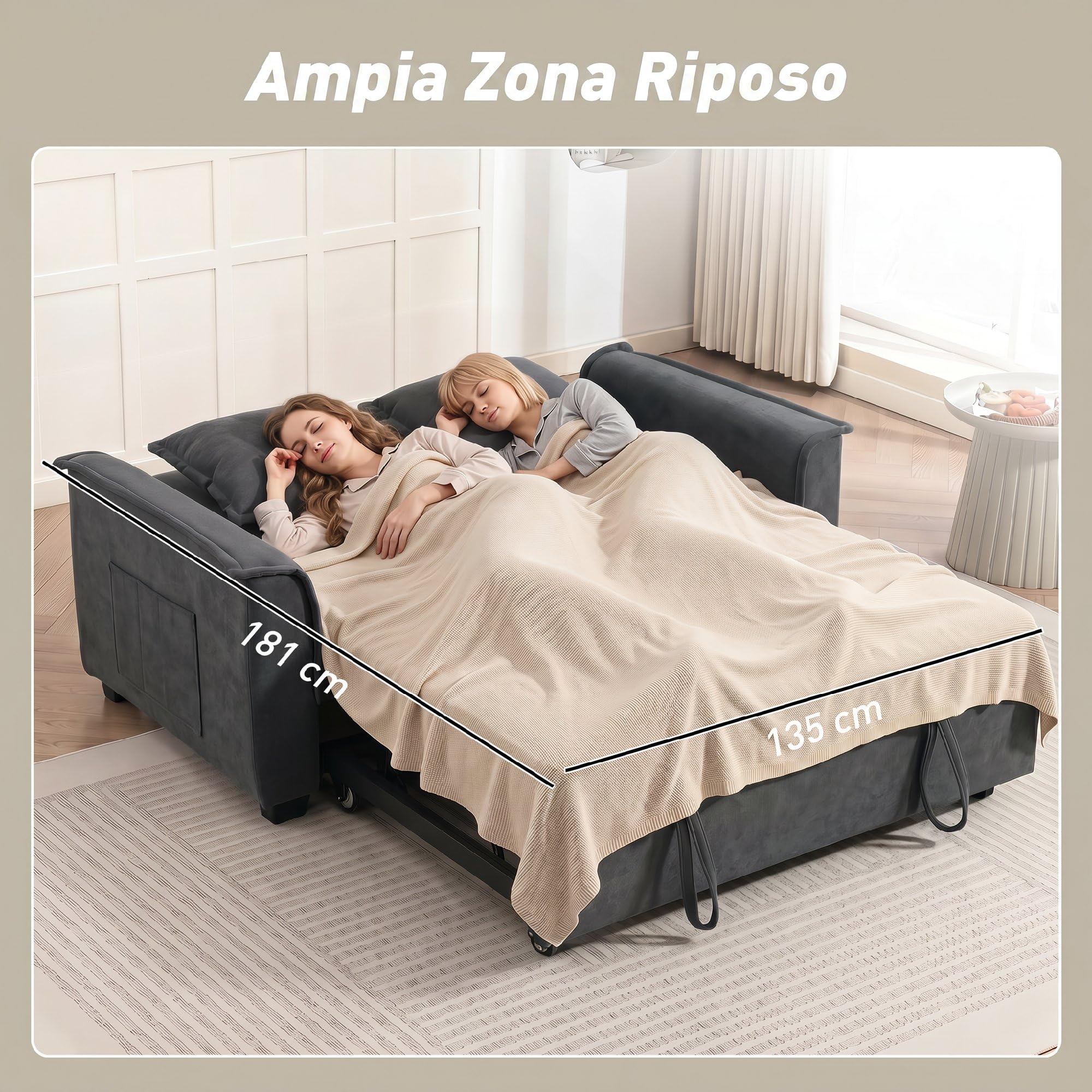 HOMCOM Divano Letto 2 Posti 3 in 1 in Ciniglia con 2 Cuscini, Divano Letto Matrimoniale Estraibile Reclinabile 3 Livelli con Braccioli, Seduta Imbottita, Legno Eucalipto, per Soggiorno, Grigio Scuro
