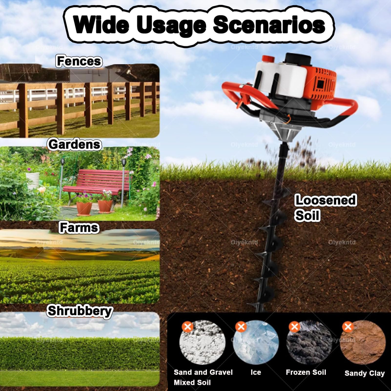 Scavatore a benzina con asta di estensione da 80 cm, punte da trapano a coclea da 12 cm, trivella a 4 tempi per giardino, terreni agricoli e piantagioni