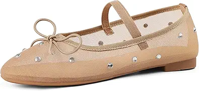 Mesh Ballet Flats for Women Crystal Rhinestone Mary Jane Shoes Comfortable Round Toe Ballerina Flats with Stretch Strap Trendy
