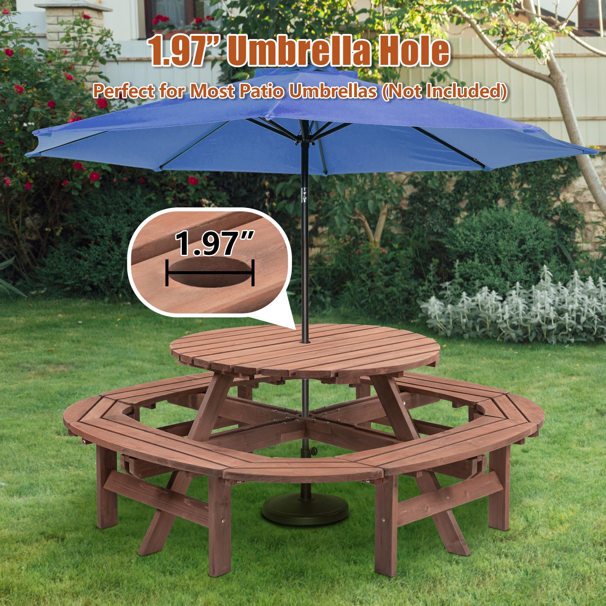 Rueekfil 70 in. Round Wooden Picnic Table for 10-12 Persons with Built-in Ring Stool, 500 lbs Capacity Outdoor Dining Set for Patio, Backyard, Garden, DIY Walnut Brown with Umbrella Hole