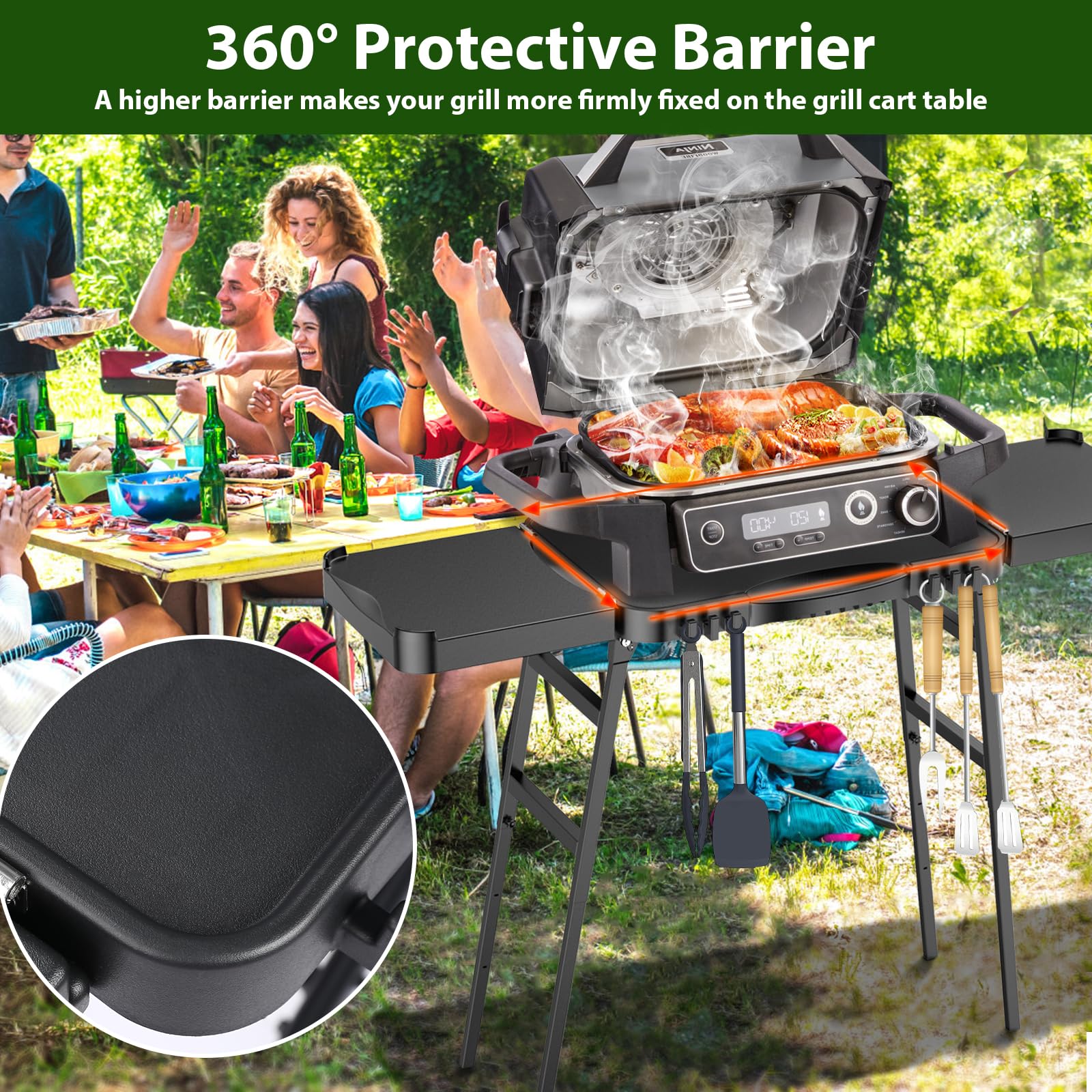 GFTIME Faltbarer Outdoor-Grillwagen für Enders Urban, Weber Q100/Q200/Q300, Ninja Woodfire, Burnhard Wayne mit großer Arbeitsfläche