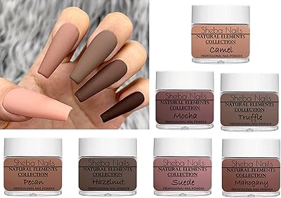 SHEBA NAILS Natural Elements Acrylic Powder Variety Kit - 7 Colors - 1/4oz Each - Acrylic Powder for Nails Extension DIY Nail Manicure - Foundation Colors - Pure Pigmented Nude Powder