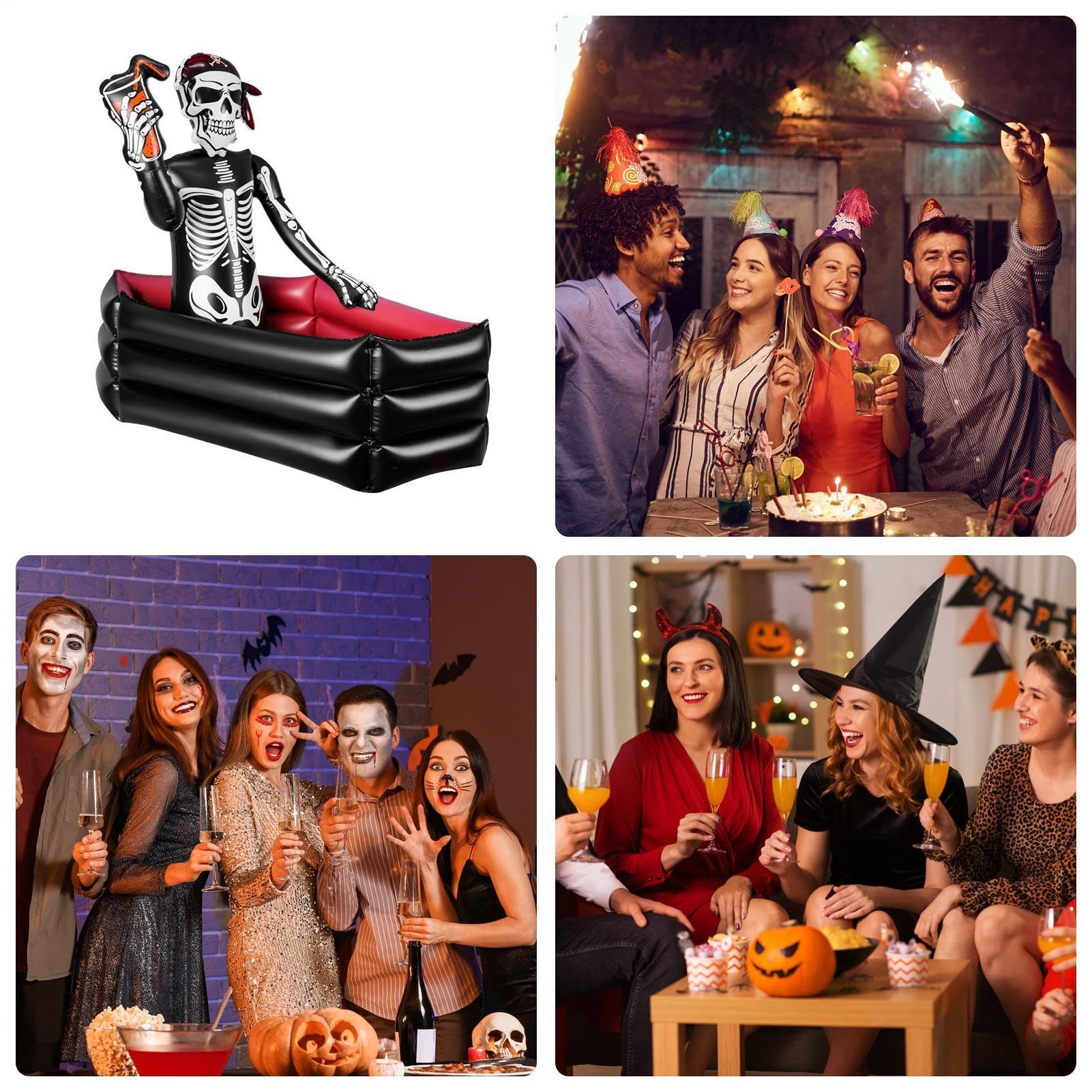 Halloween Aufblasbarer Kühler - 35 Zoll Schädel Sarg Eiskübel | Party Decor Große Kapazität Getränkehalter mit Skelett | Indoor Outdoor Garten Terrasse Pool Kühler 1000g 90x60x90cm Wiederverwendbar