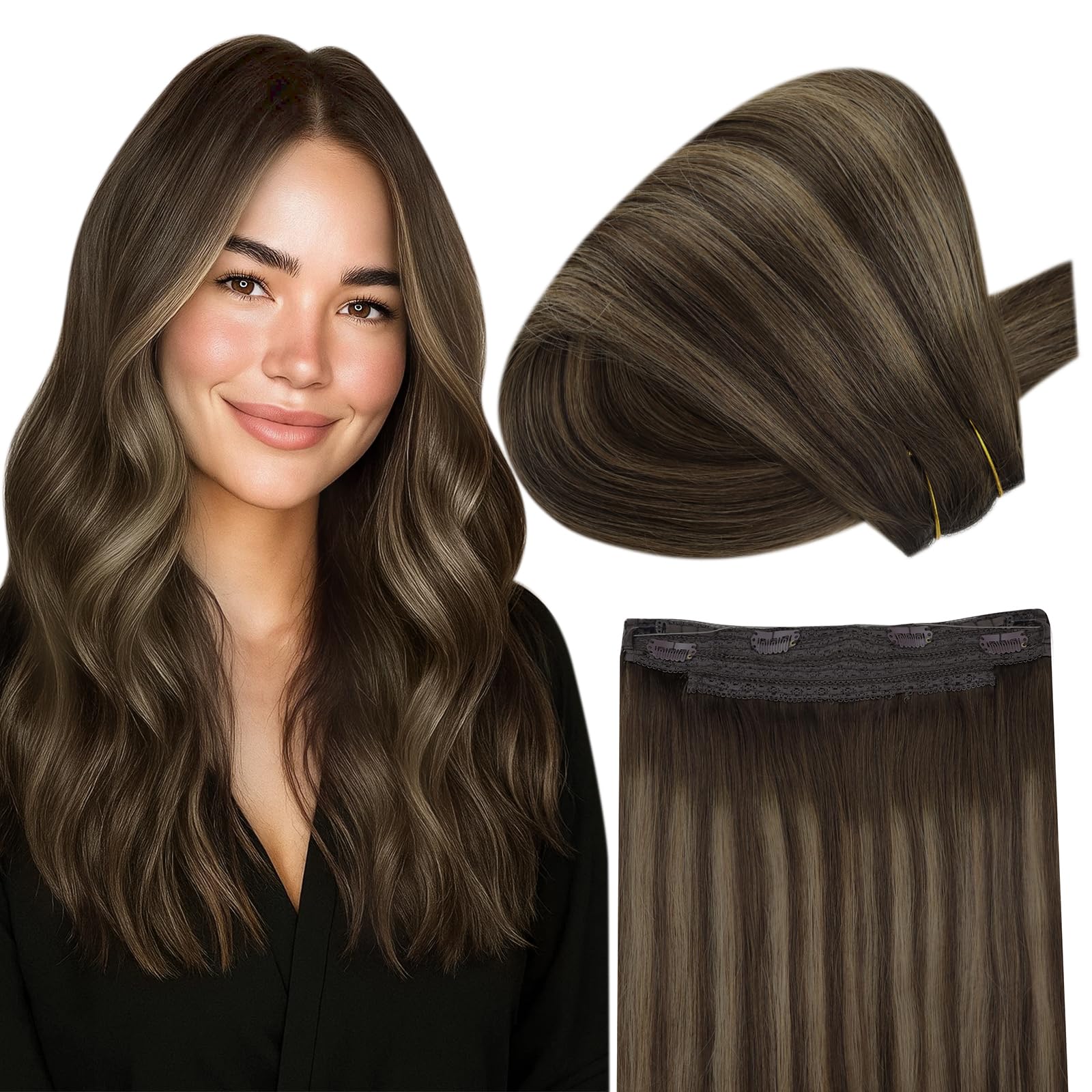 Fshine Wire Hair Extensions Real Human Hair 16 Inch 106 G Ombre Dark Brown to Ash Brown Mix Brown Layered Hairpiece Transparent Fish Line Clip in