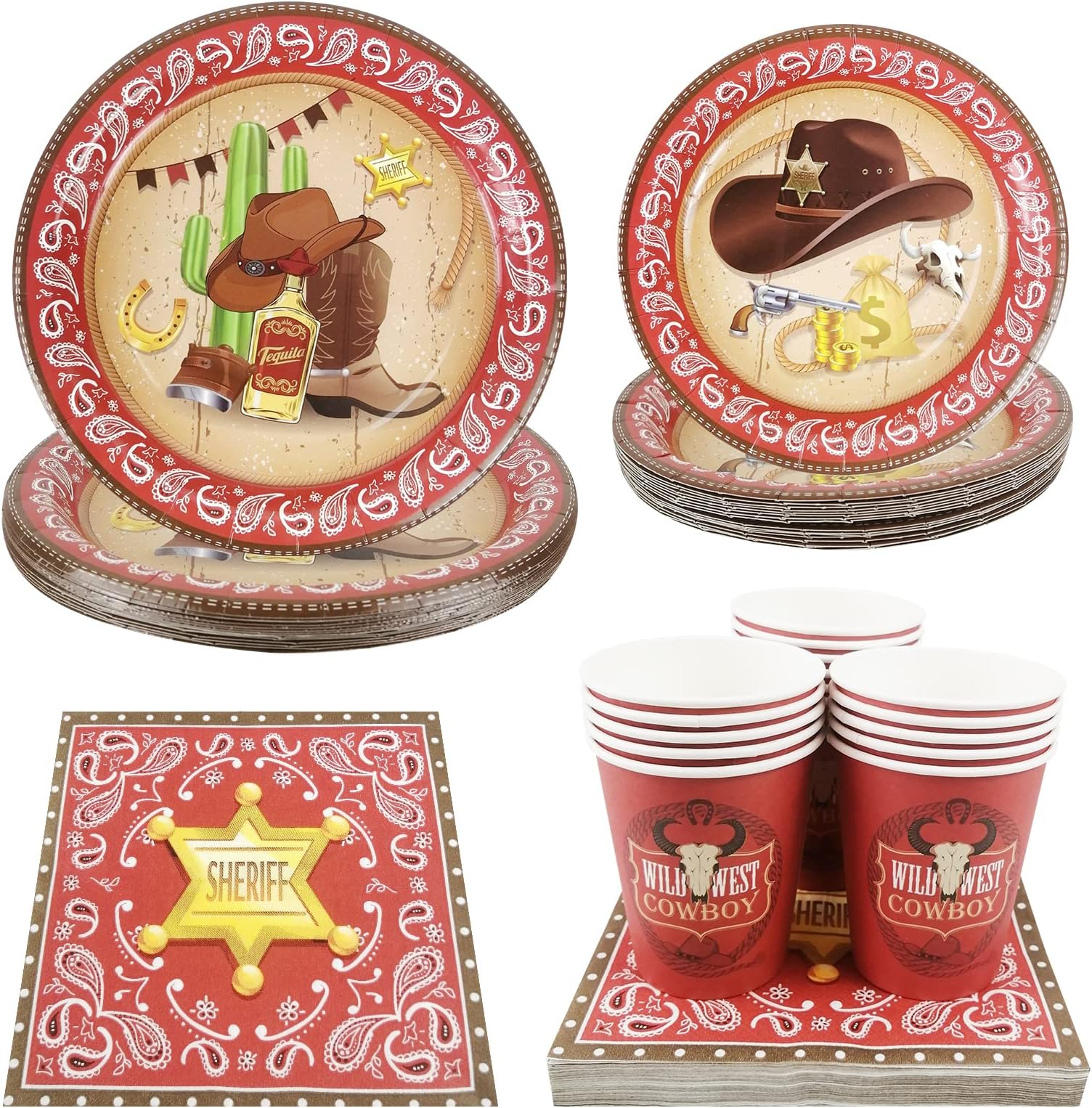 Cieovo Rodeo Western Cowboy Party Supplies - Serves 16 Guest Includes Dinner Paper Plates, Cups and Napkins Perfect for Western Cowboy Theme Birthday Baby Shower Parties Decoration