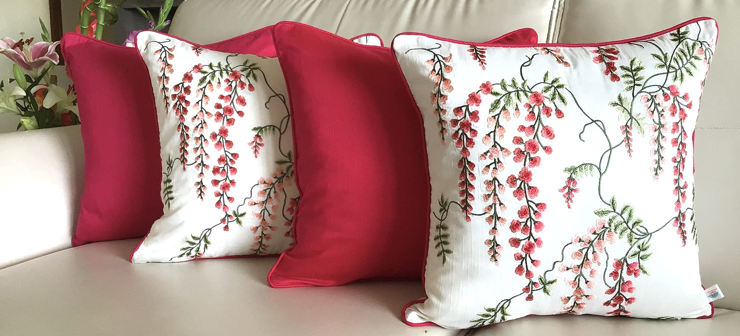 TARA- Sparkling Homes Embroidered Cushion Covers 16 x 16 Inches in Cotton Silk Set of 4 with Solid Color pops, Wisteria - Fuchsia Pink (16 x 16 Inches)