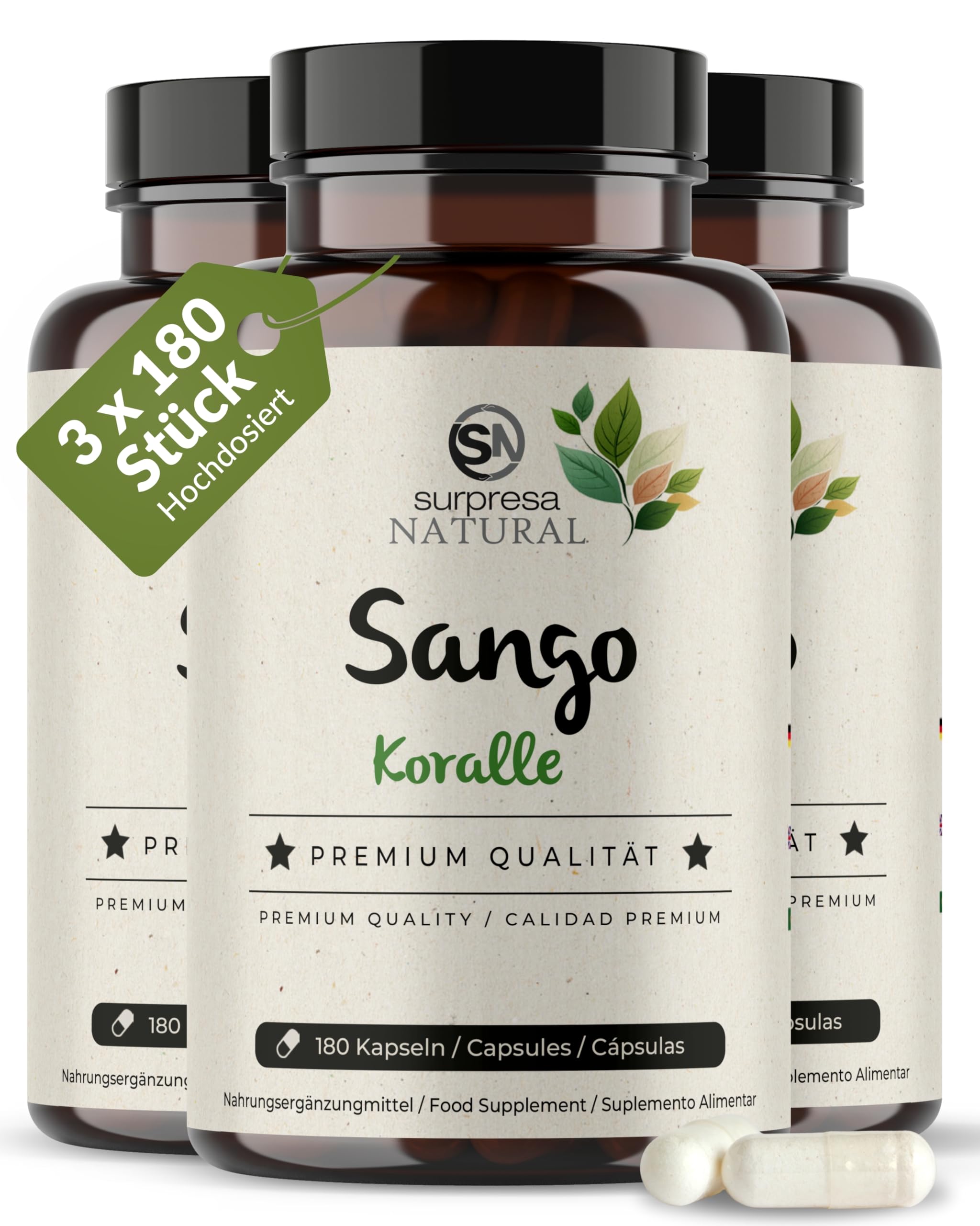 Sango-Meereskoralle-Kapseln I 3 x 180 Stück I Natürliches Supplement mit 3300mg Sango-Koralle-Pulver, 660mg Calcium & 330mg Magnesium I Vorrat für 6 Monate I hochdosiert & vegan