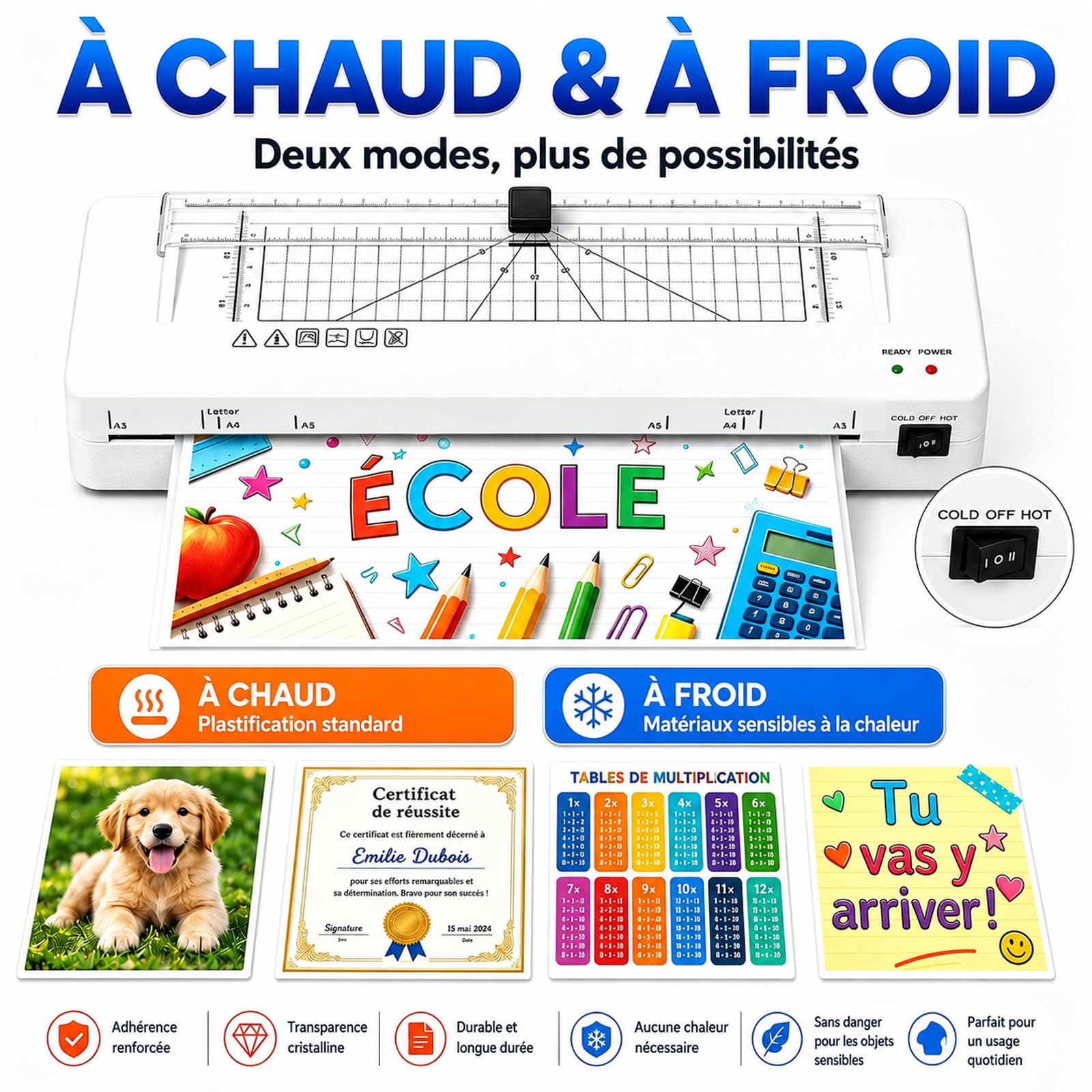 Plastifieuse A3 avec Coupe-Papier intégré, Plastification Thermique et à Froid, Arrondisseur d'Angles, Compatible A3 A4 A5 A6 (White+10pics)