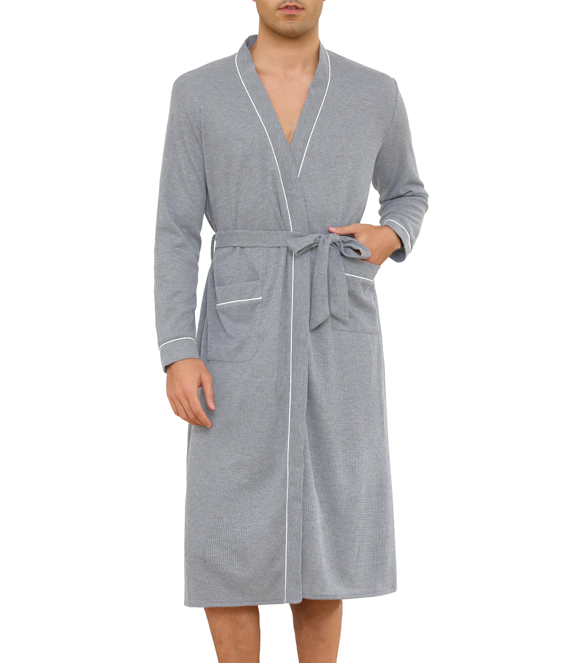 Lovasy Bademantel Waffelpique Herren Langarm Saunamantel Waffelstrick Morgenmantel Lang Loungewear mit Gürtel und Taschen