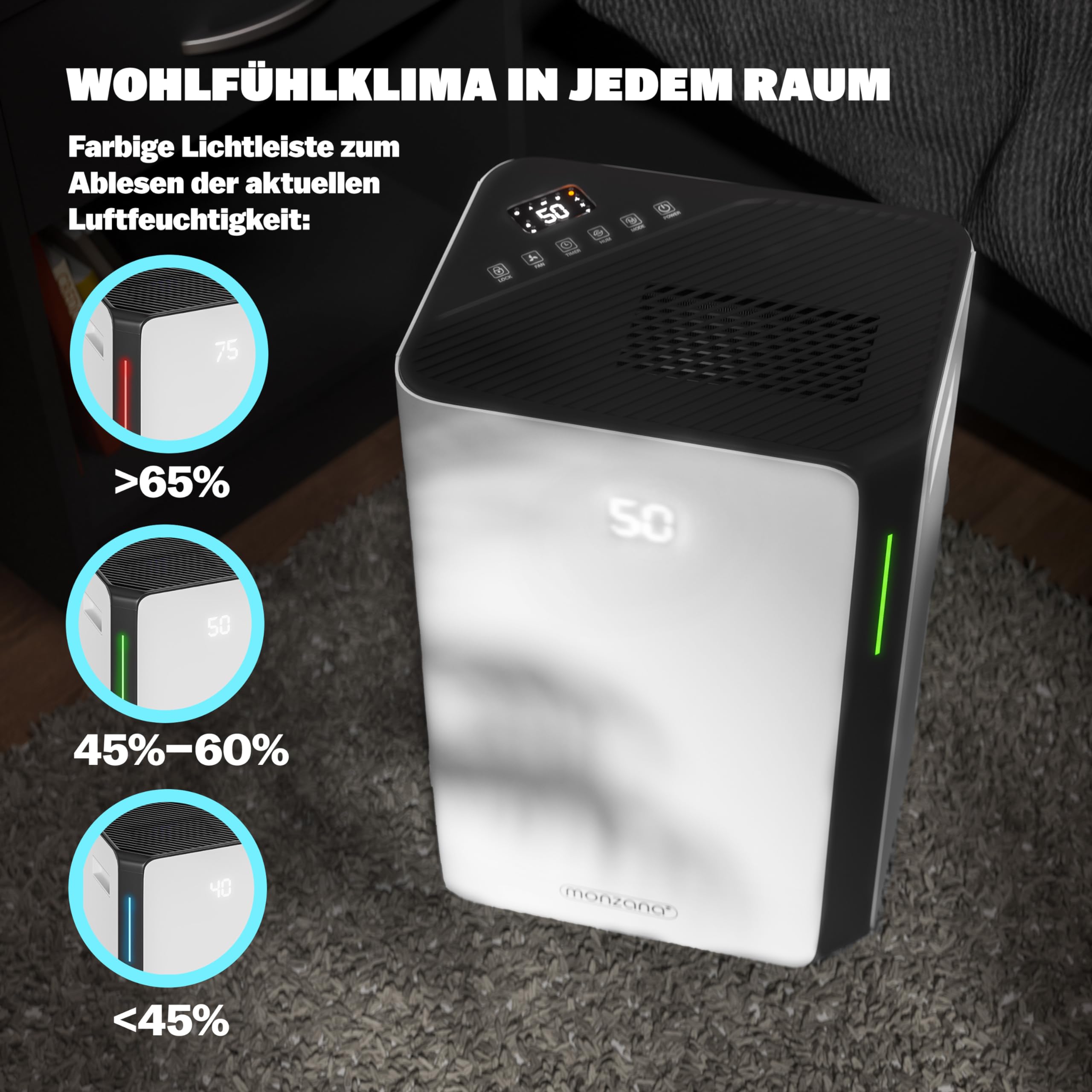 MONZANA® Luftentfeuchter elektrisch 20-30m² 20L/Tag LED-Display 24-Std-Timer Raumentfeuchter Bad Wohnung Wifi Smart Home App Luftreiniger Allergiker