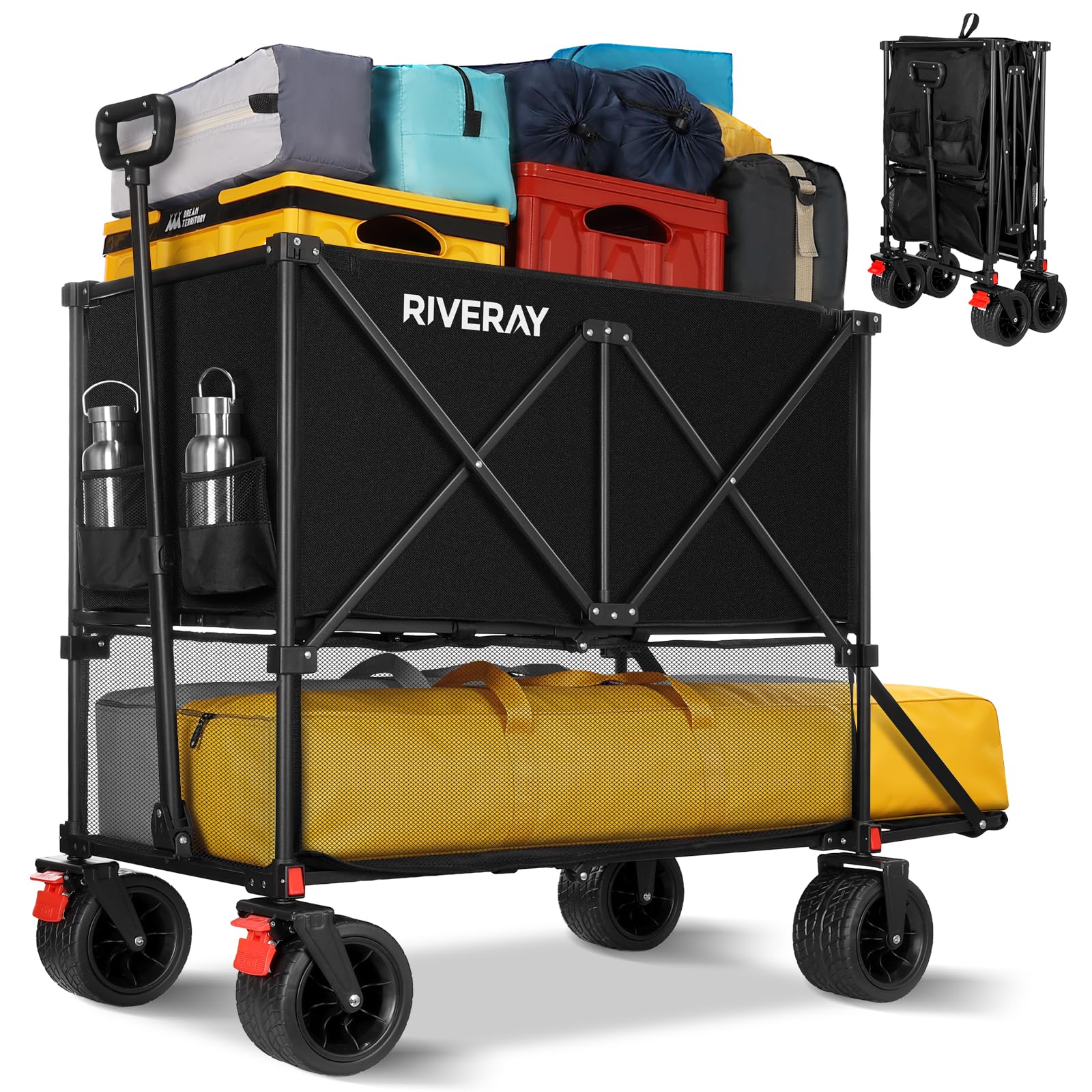 Doppeldecker Bollerwagen Faltbar, 400L Extra Lange Klappbollerwagen | Faltbarer Bollerwagen All Terrain Rädern, Getränkehalter, Verstellbarer Griff Für Camping Garten Festival Strand