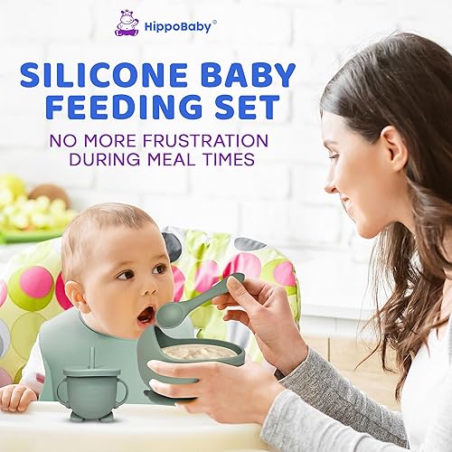 Miniatura 2 de HippoBaby Suministros de destete para bebés  Juego de 10 piezas de alimentación de silicona  Taza de babero para bebé niño pequeño plato dividido y