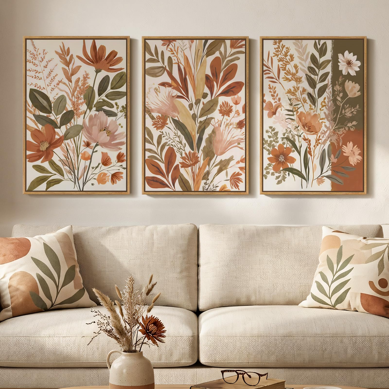 framed vintage botanical wall art for living room decor, 3 piece boho warm neutral terracotta floral nature canvas prints, retro farmhouse plant wall art for bedroom dining room entryway, 16x24
