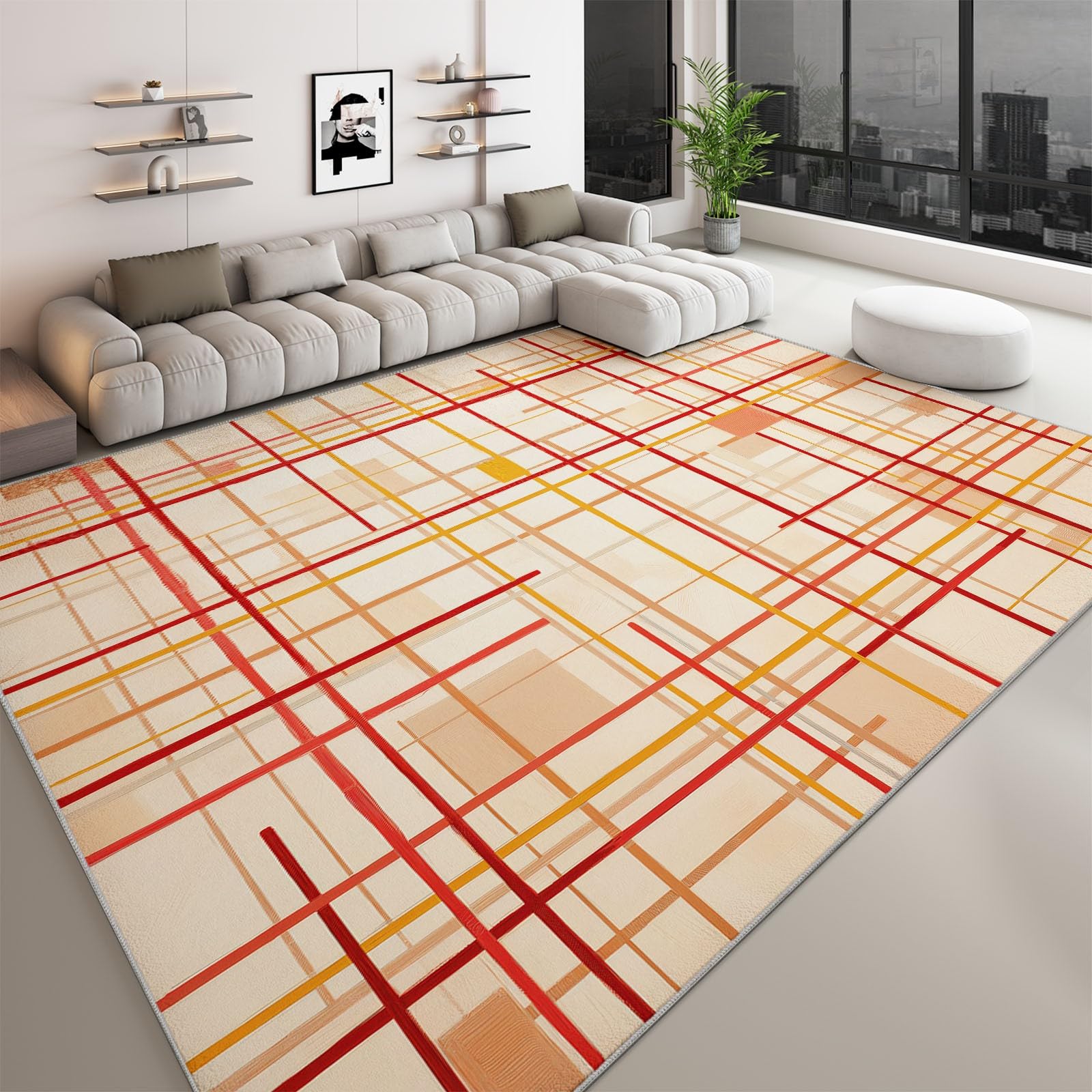 Beige Flanell Teppich 100 x 160 cm Gitterlinien Waschbarer Teppich, Geometrischer Hintergrund rutschfest Bedruckter Teppiche für Wohnzimmer Kinderzimmer Spielzimmer Esszimmer und EIN