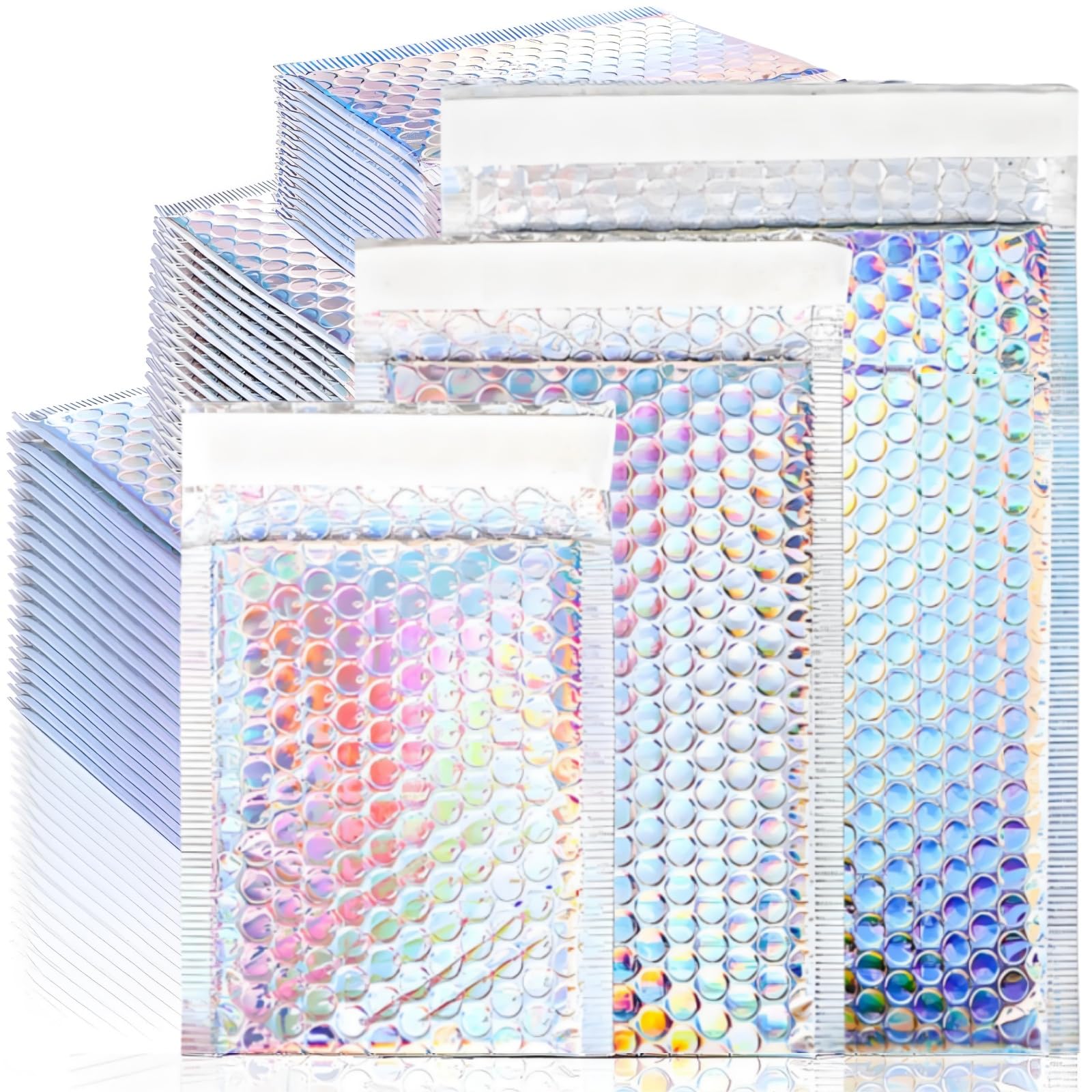 ZAVOOS Sobres metálicos de burbujas, 50 piezas, 3 tamaños, autosellantes | Sobres acolchados de polietileno holográfico, sobres impermeables de burbujas para envío, embalaje, pequeñas empresas