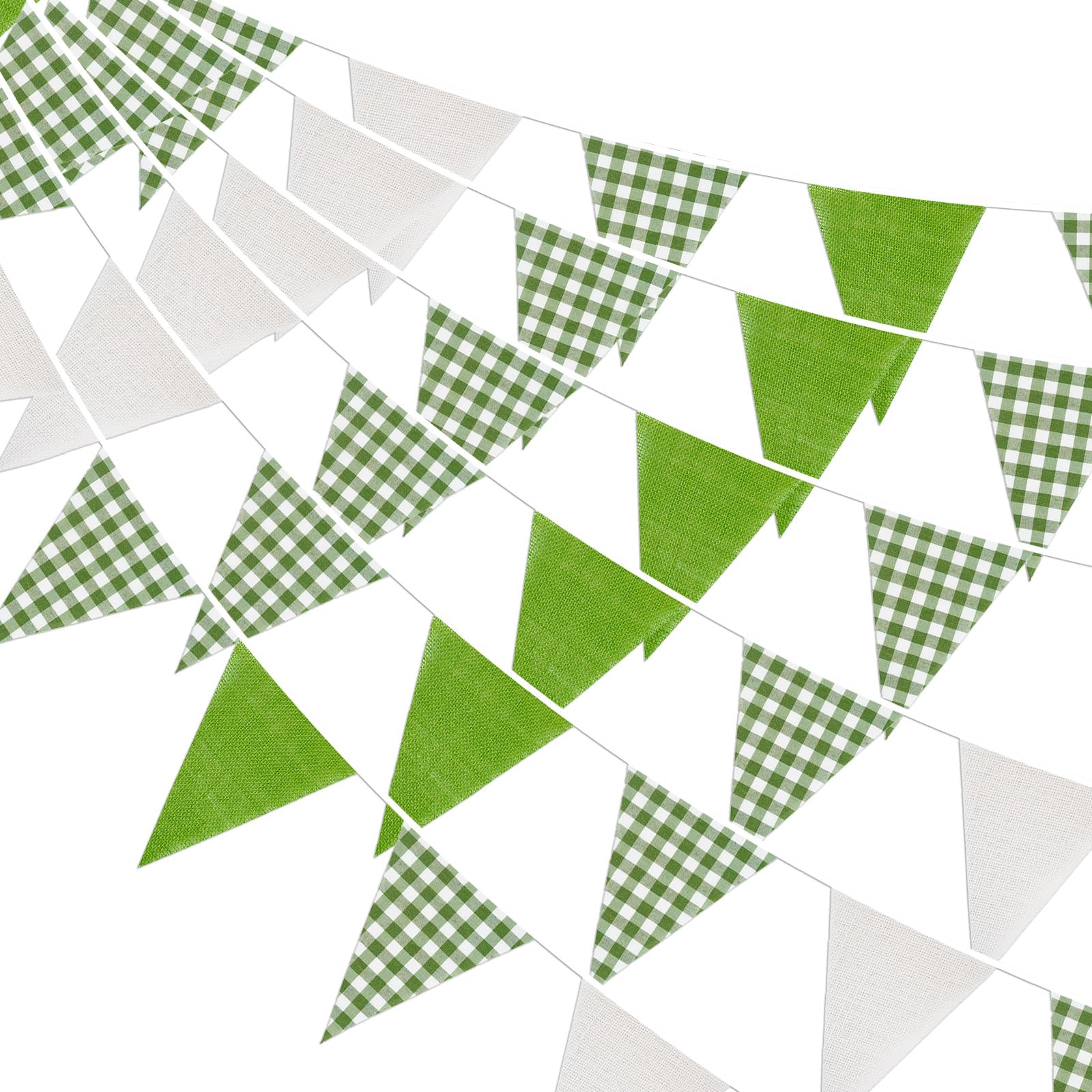 G2PLUS Fabric Gingham Bunting Banner: 10M Light Green and White Reusable Vintage Bunting, 36PCS Cotton and Hessian Outdoor Triangle Flag Garland for Garden Party, Picnic, Birthday, Outdoor Party
