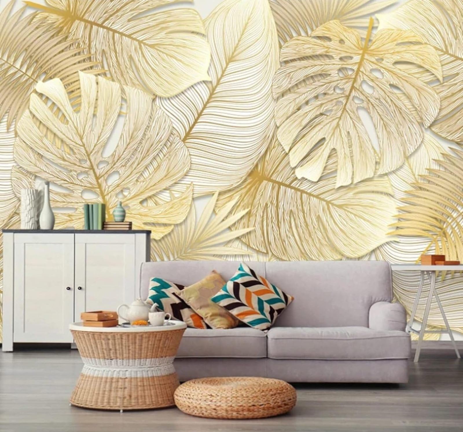 Wallpaper-3D-Xlm 400Cm×280Cm(B×H) Minimalist Tropical Plants Gold Banana Leaves 3D Wallpaper Easy Install Feature Office Living Room Sofa Bedroom Tv Background Wall Decoration-400Cm×280Cm