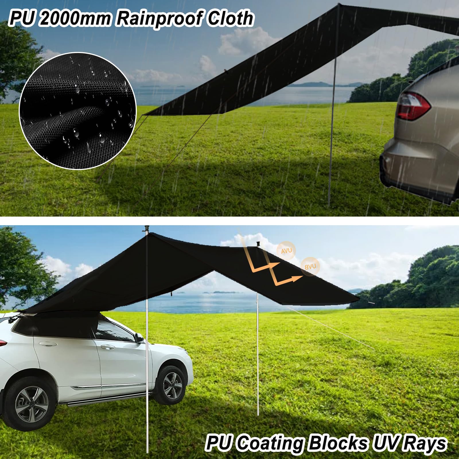 Toldo de coche, toldo trasero, 300 x 200 cm, toldo impermeable, tienda de campaña, para camping, techo solar, con protección UV, tienda de campaña para coches, todoterrenos, autocaravanas