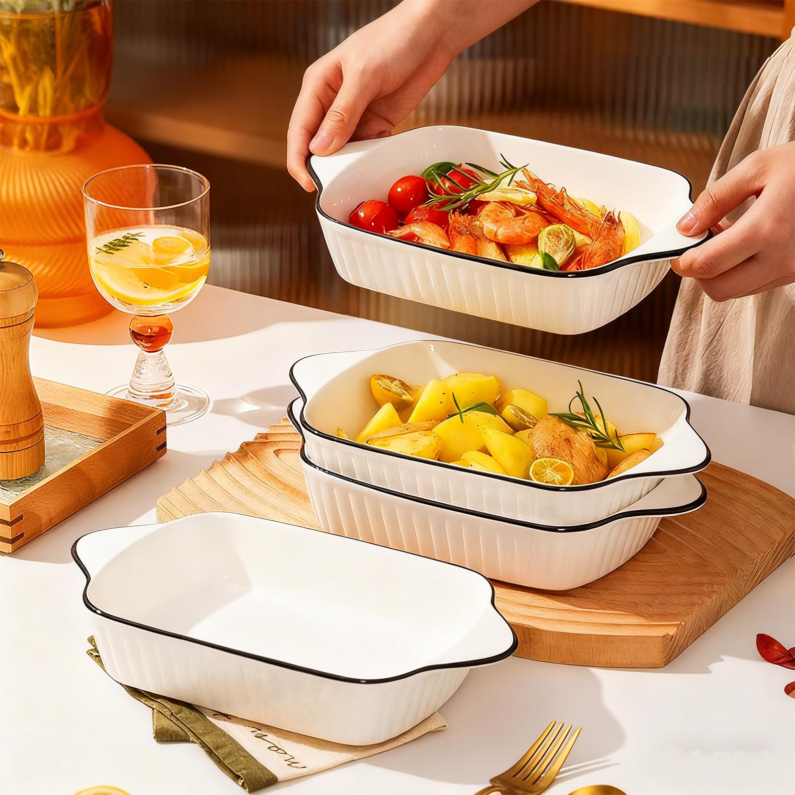 IIRC Piccole pirofila in ceramica, set da 4 pezzi, mini pirofile, lasagne, piccole per forno, friggitrice ad aria calda, forno a microonde (bianco, 26,5 x 14,5 x 5 cm)