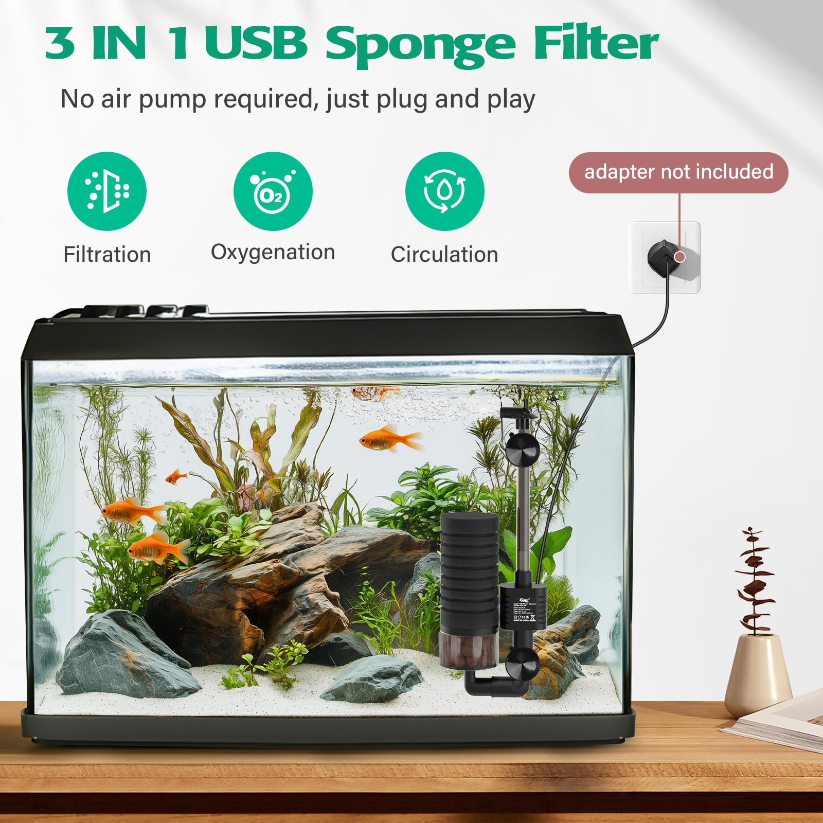 hygger Elektryczny filtr gąbkowy do akwarium, Power USB Single Aquarium Filtr Fish Tank Filtr, filtr zbiornika rybnego, cicha pianka zanurzeniowa, filtr do akwarium z filtrowanymi kulkami ceramicznymi