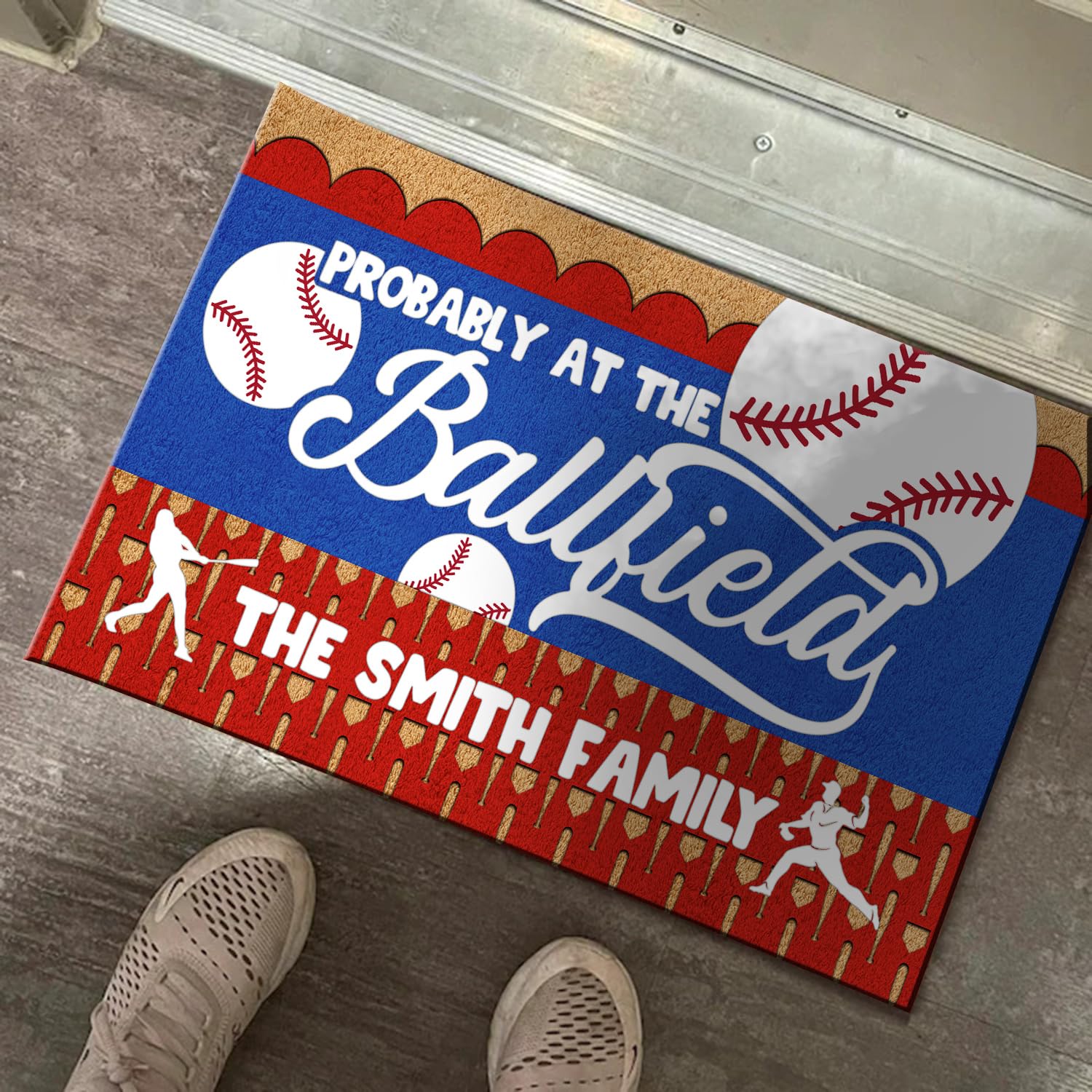 Personalized Baseball Doormat, Probably at The Ballfield Welcome Front Rubber Door Mat, Custom Name Home Porch Decor Outdoor Indoor Entrance Floor Entryway Rug Modern Outside Entry Carpet