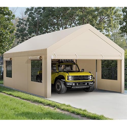 Walsunny Carport, 12x20 ft Heavy Duty Carport Canopy with Roll-up Windows, Portable Garage with Removable Sidewalls & Doors, Car Canopy with All-Season Tarp for Car, Truck, Boat