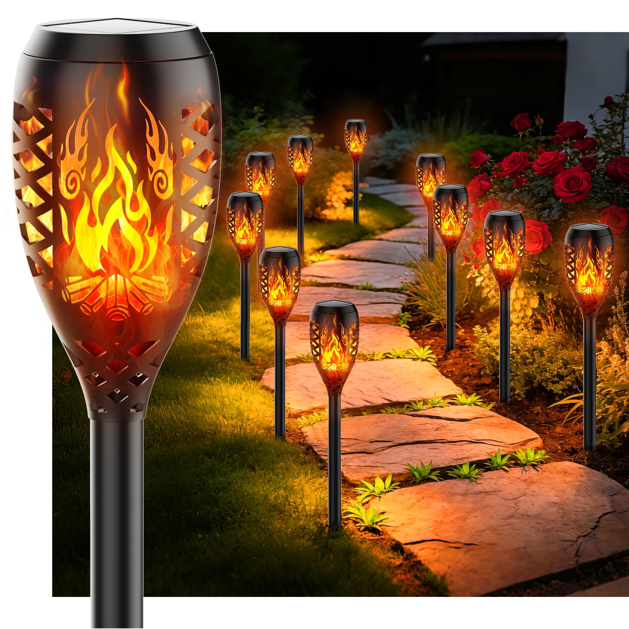 Lampes Solaires de Jardin pour Extérieur, [10 Pièces] Design Feu de Camp, Torches Solaires IP44 Étanches, Lampe Solaire pour Jardin, Allées, Cours, Pelouse