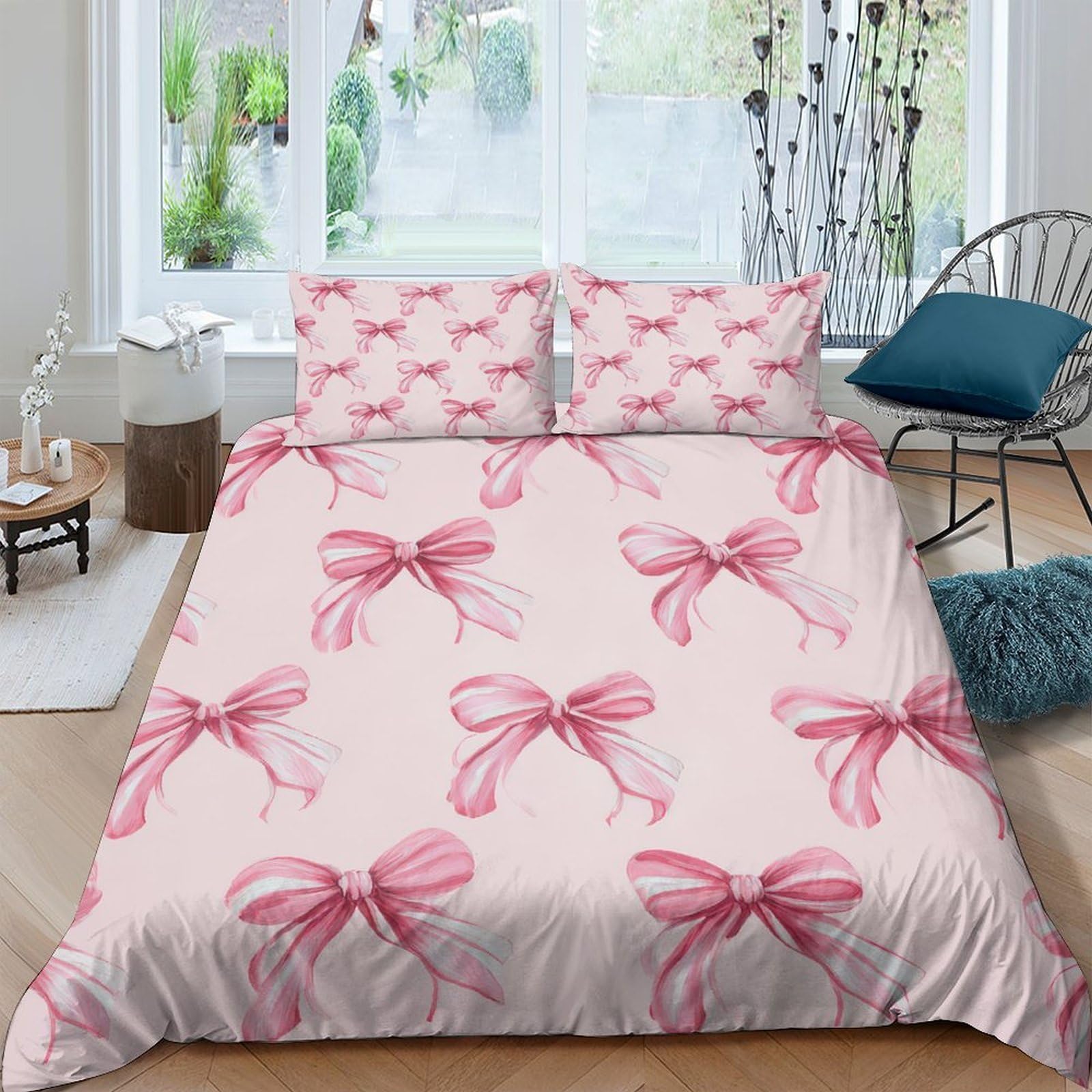 TUFRTGYHN 3D Printed Pink Bow Duvet Cover Microfiber Soft Breathable Ribbon Quilt Cover Set with 2 Pillowcases for Bedroom Decor Single（135x200cm）