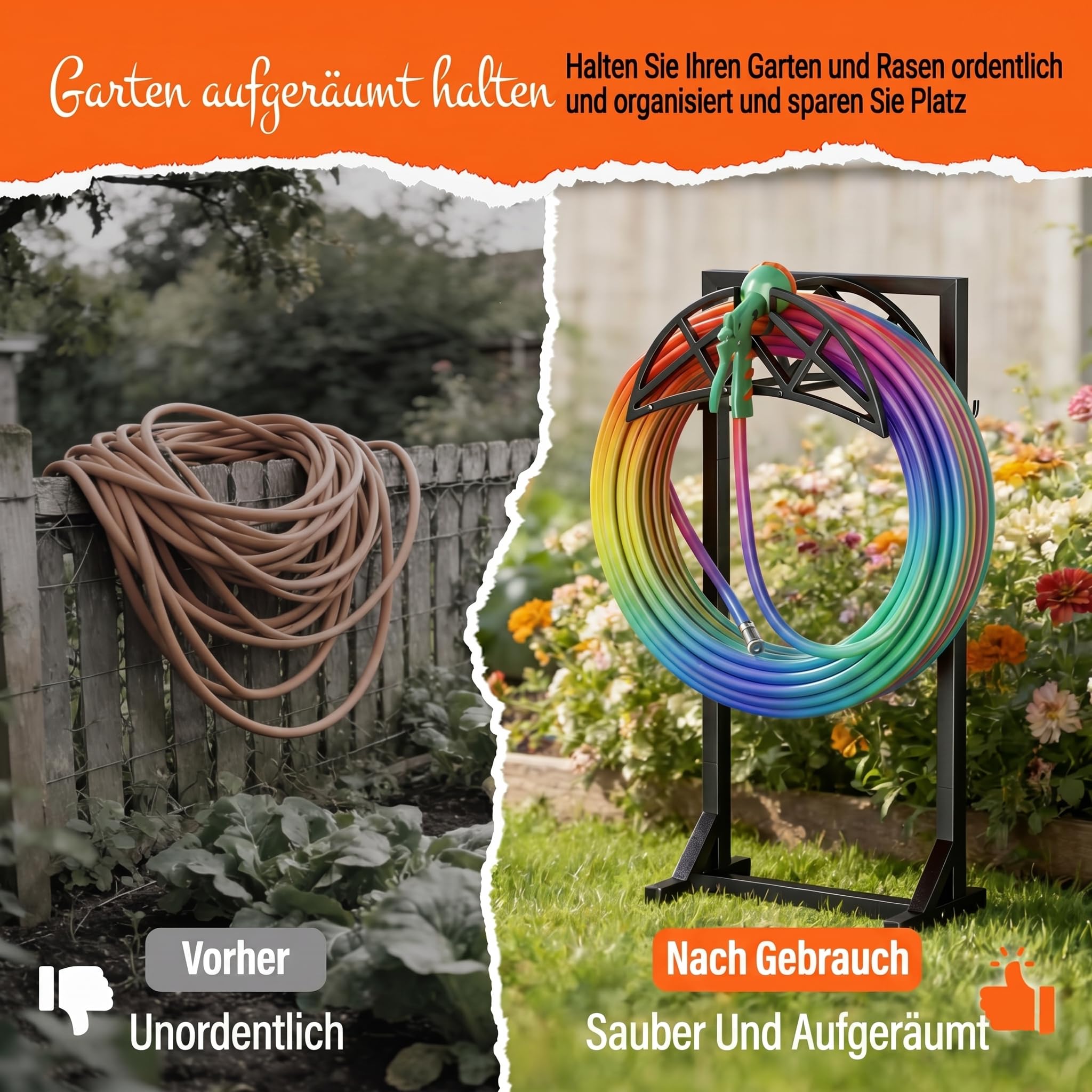 Gartenschlauchhalter 111,5cm, 4 Spikes & 2 Haken, Schwarz