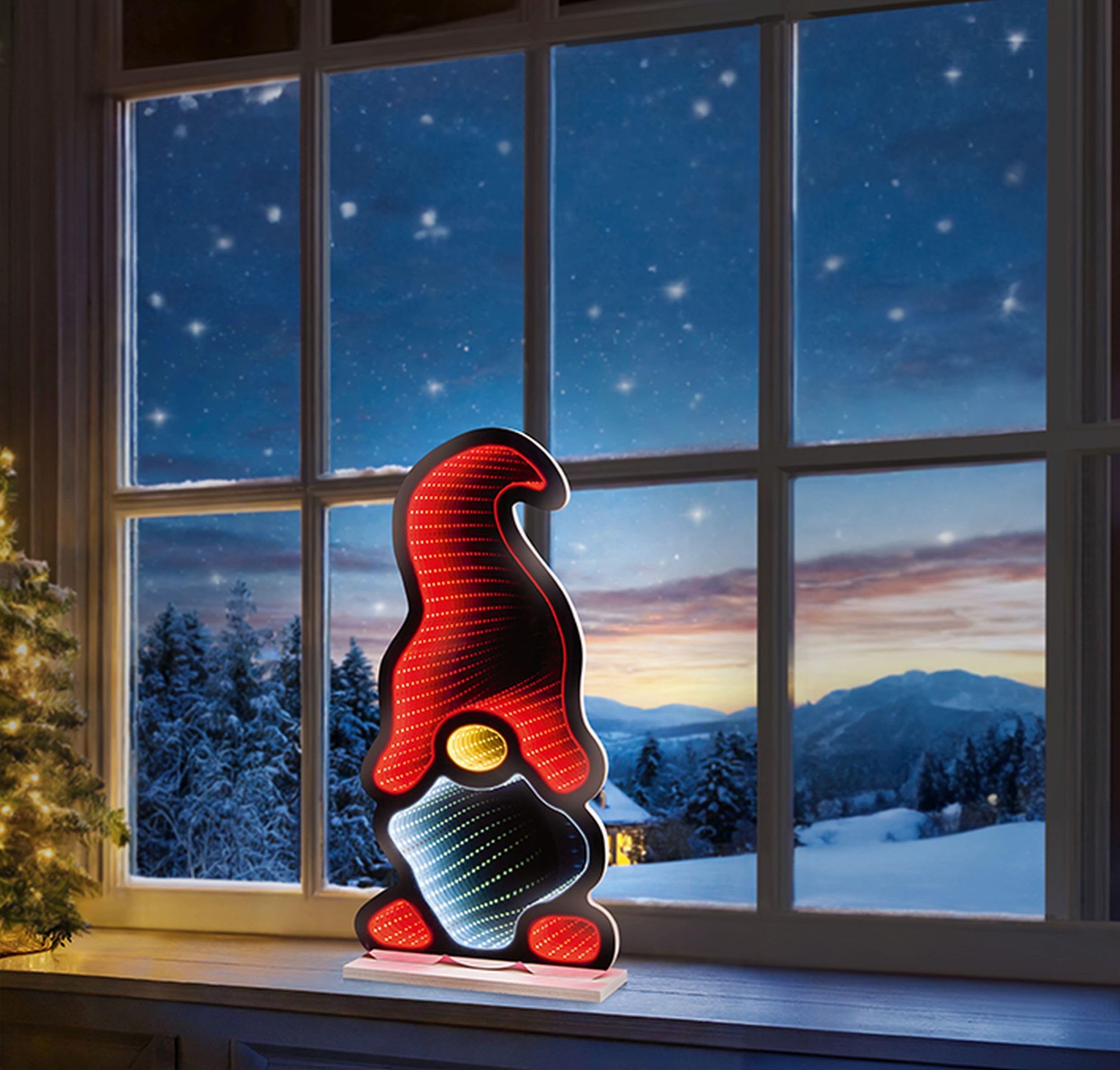 Premier Christmas Gonk infinity light - led mirror tunnel light - 3D christmas light decoration - 60cm cute gonk – christmas gnome light - multi coloured indoor christmas lights.