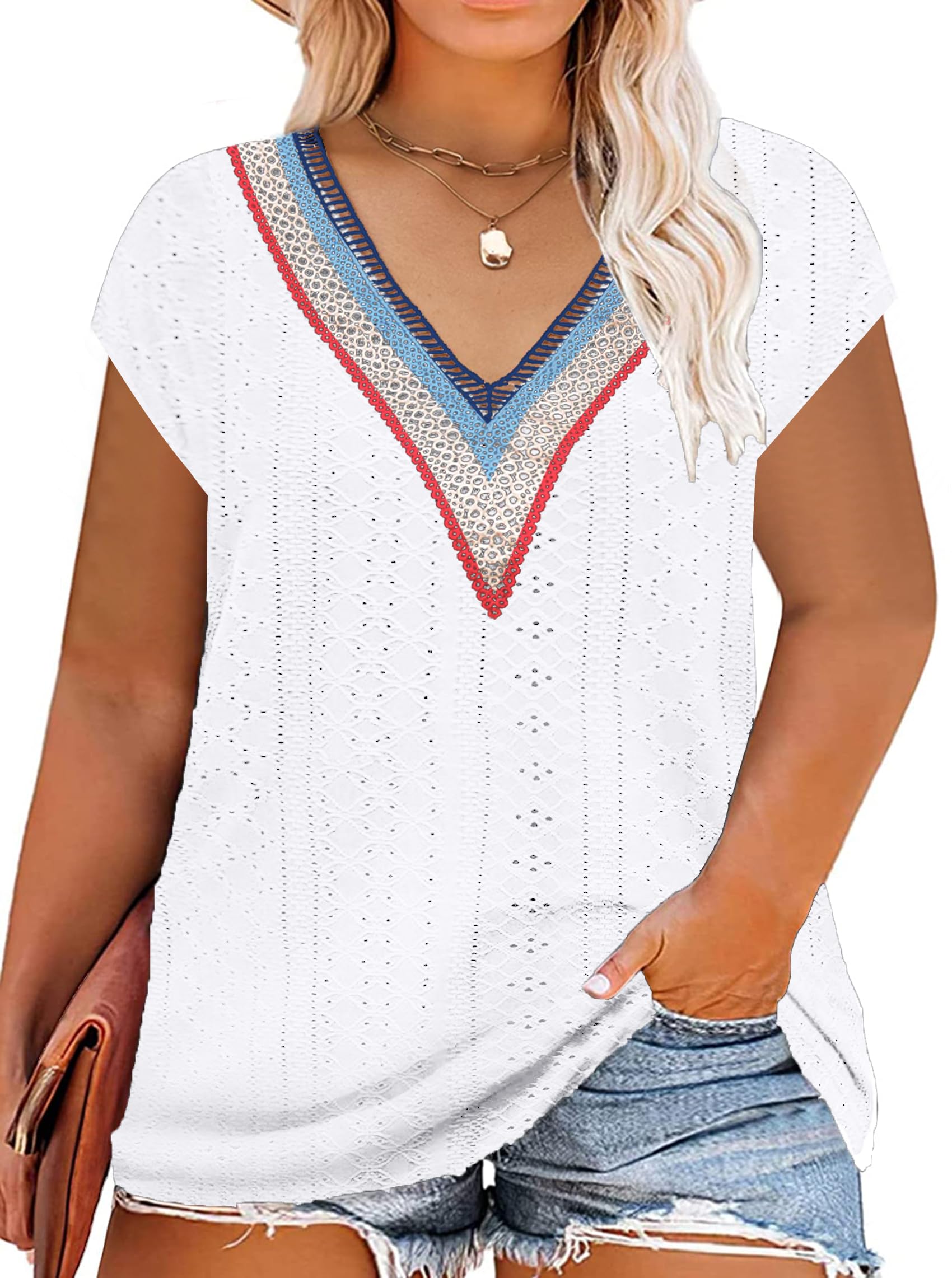 tiorhooe Große Größen T-Shirts Damen V-Ausschnitt Plus Size Mode Strick Top Sommer Oversize Frauen Tshirts