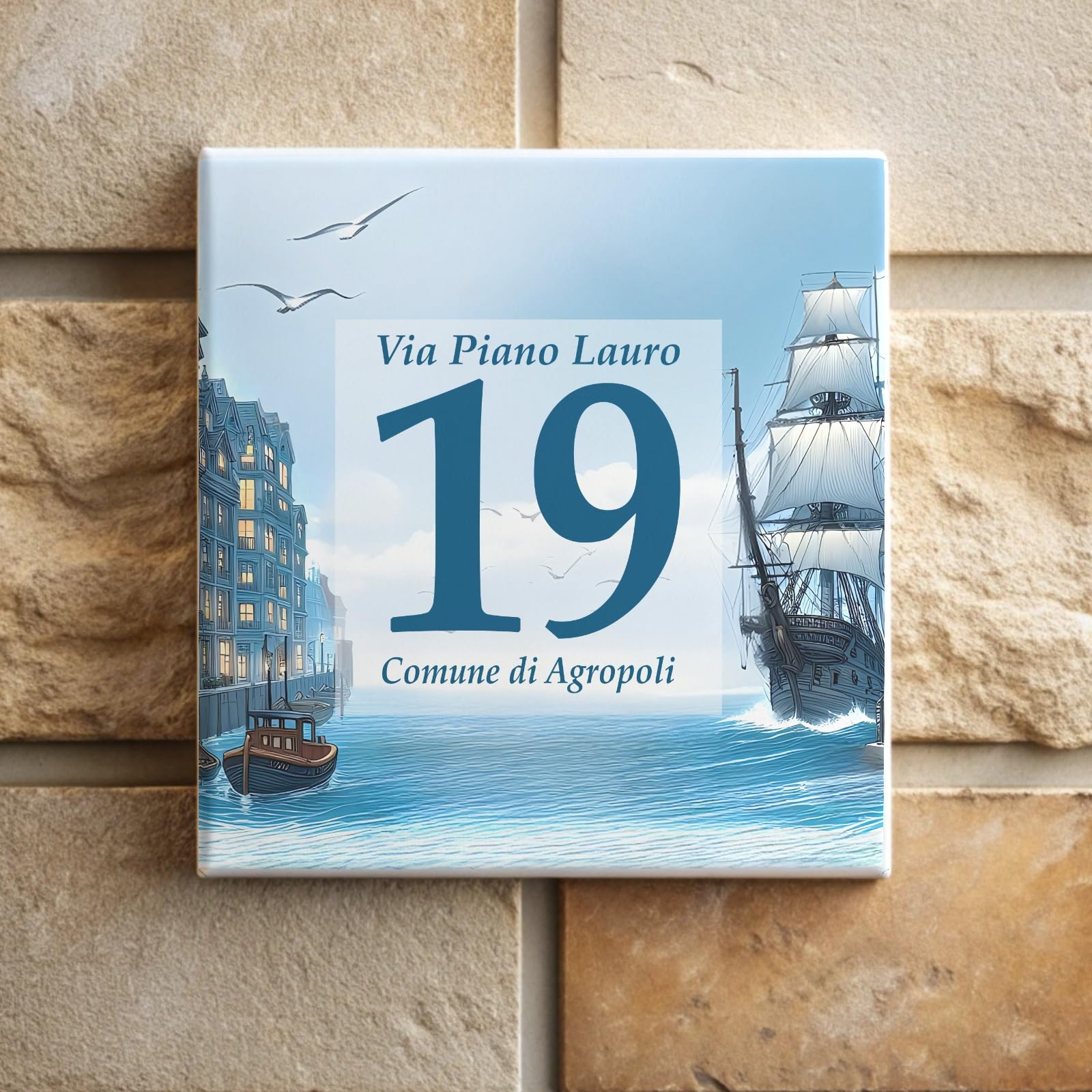 Mattonella Numero Civico Personalizzato da Esterno - Targa in Ceramica 15x15 cm per Indirizzo, Nome Famiglia, Testo - Resistente e Personalizzabile (MARE)